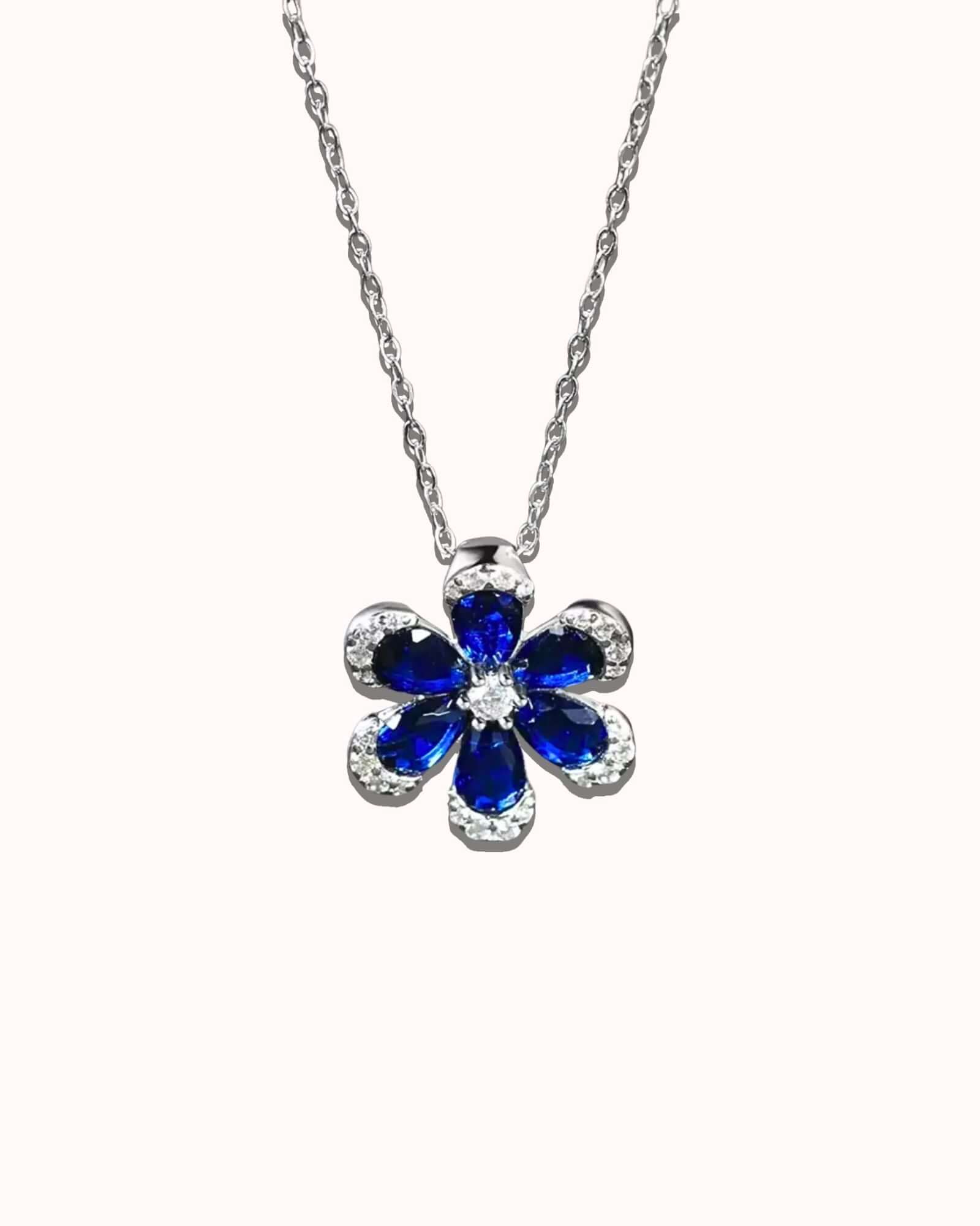 Blue Sapphire Flower Pendant Necklace