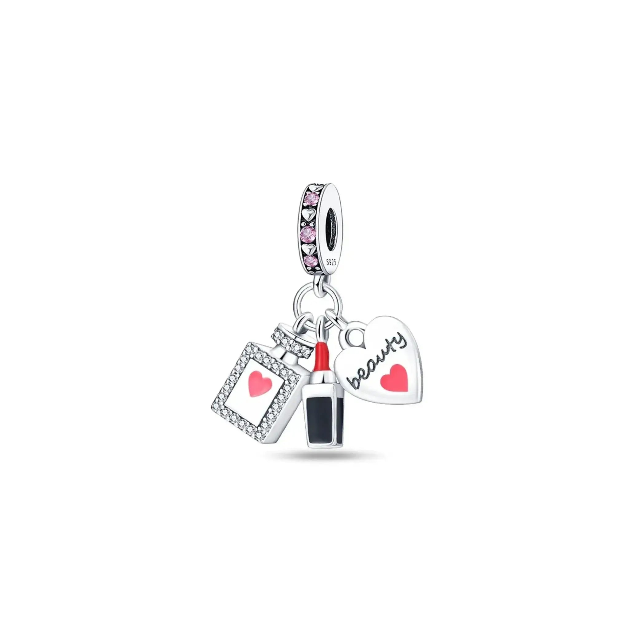 Pandora charm with makeup icons on a white background