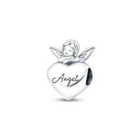 Silver angel charm with 'Angel' on a heart-shaped base on a white background