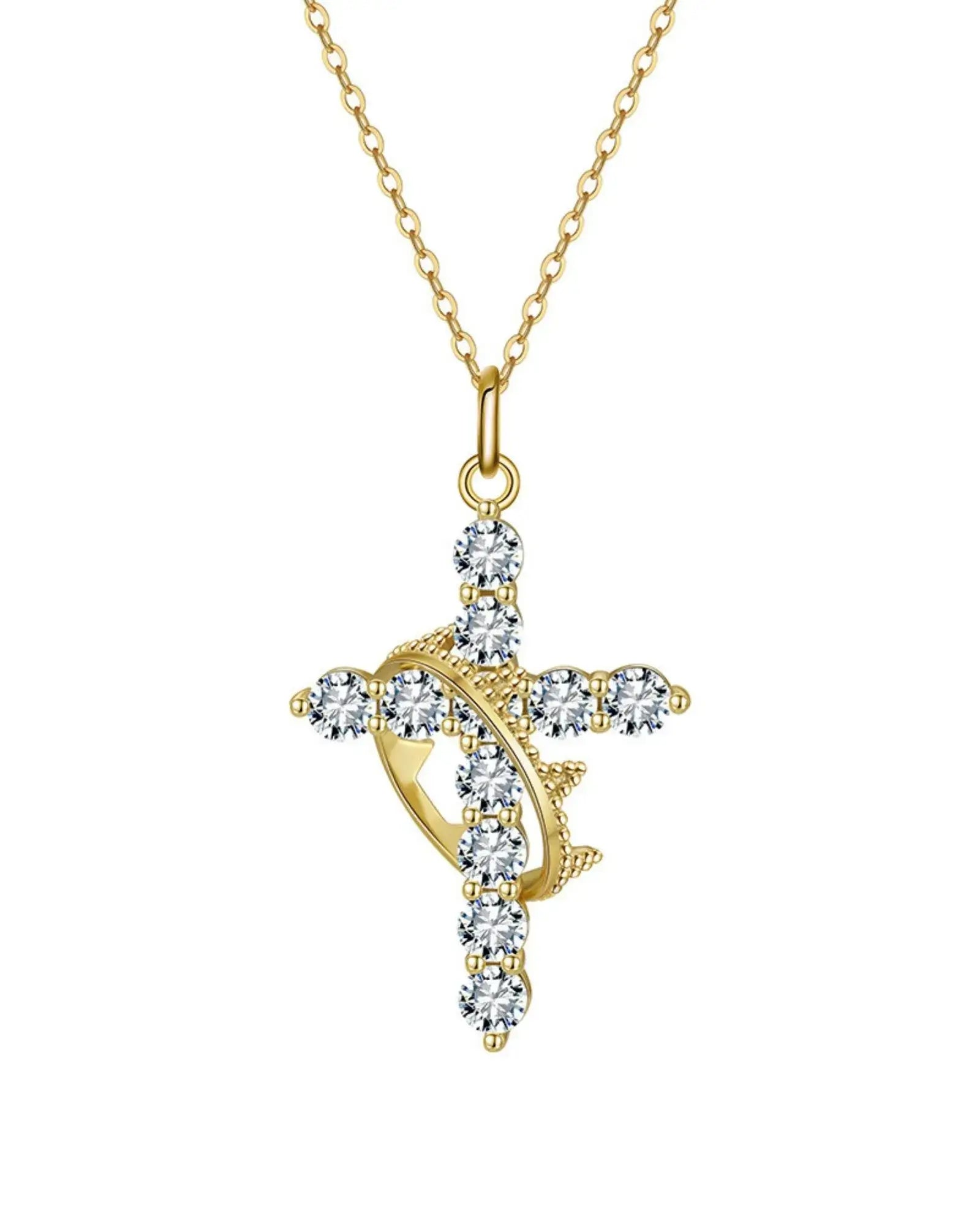 Elegant faith pendant necklace featuring a gold-plated cross encrusted with sparkling crystals.