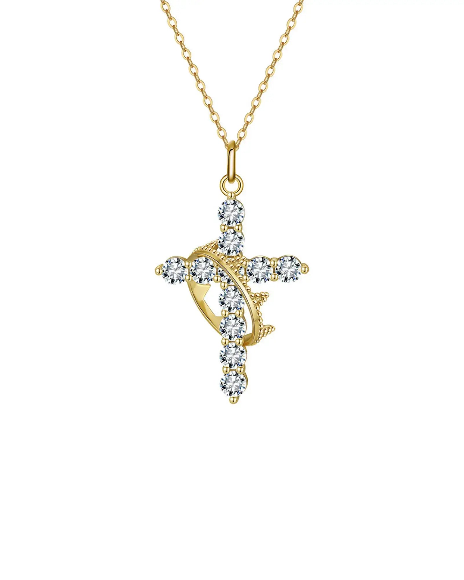 Elegant gold faith pendant necklace featuring a sparkling cross and intricate crown design, made from 925 sterling silver.