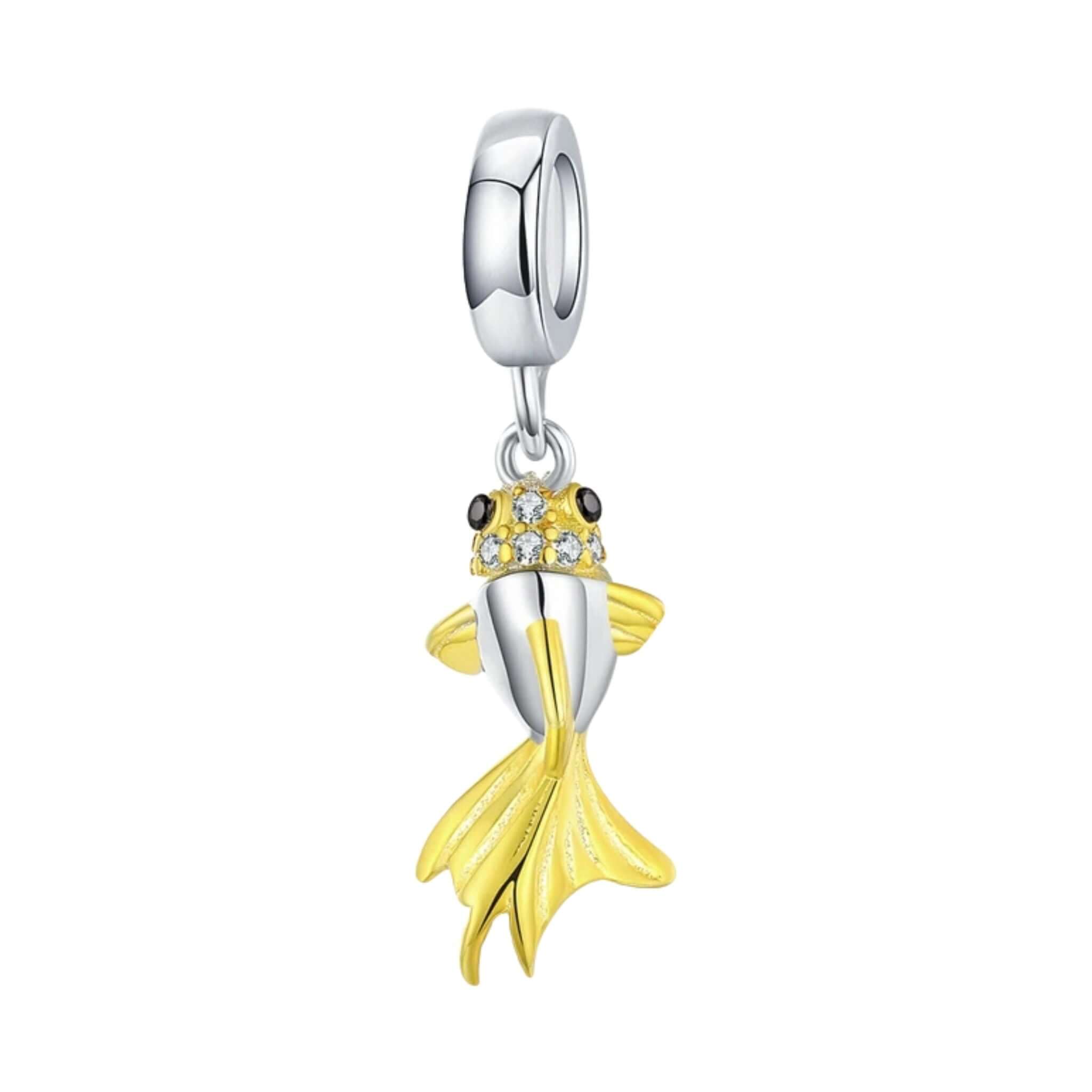 Lucky Yellow Fish Charm in 925 Sterling Silver, featuring yellow enamel and cubic zirconia, perfect for bracelets or necklaces.