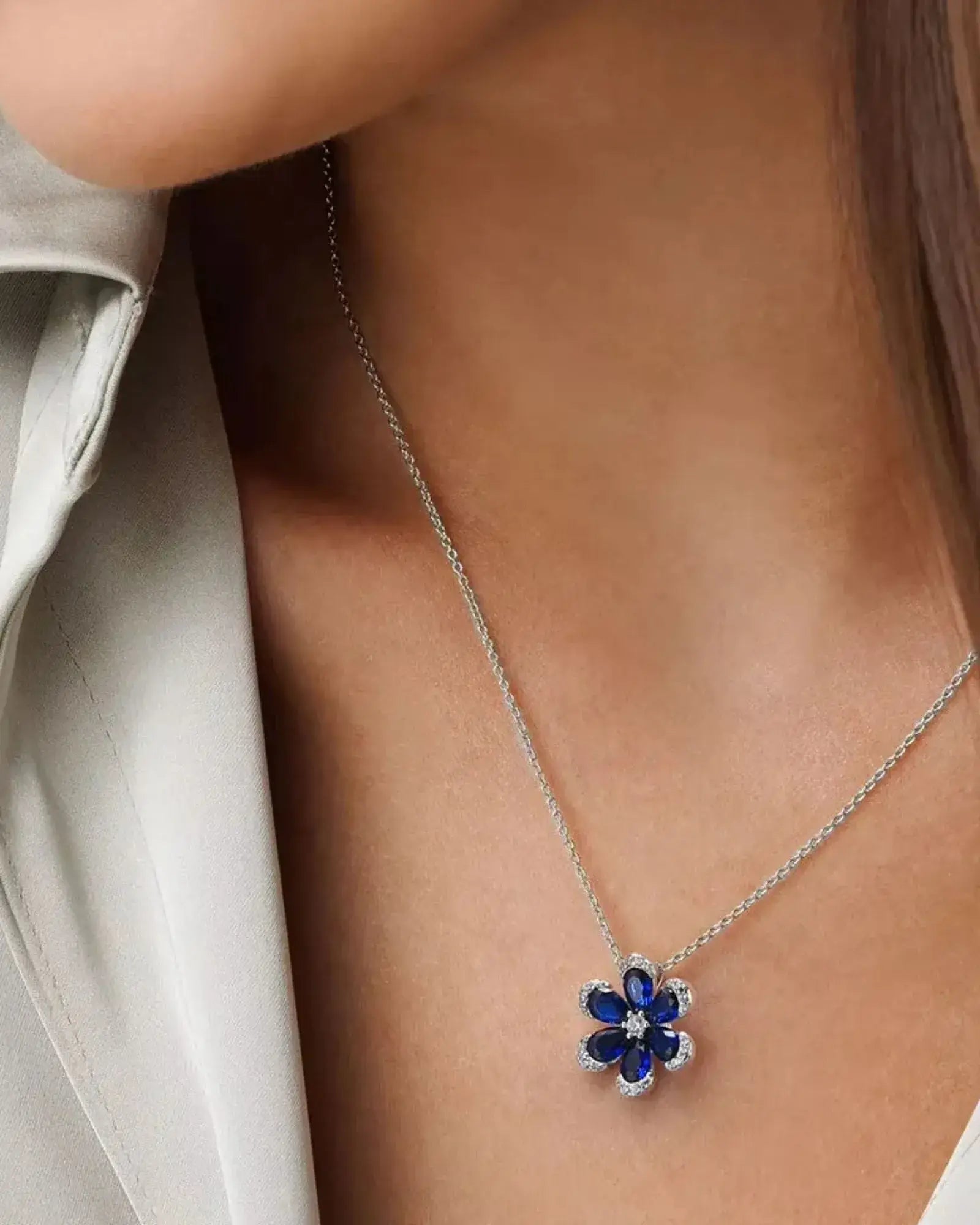 Blue Sapphire Flower Pendant Necklace