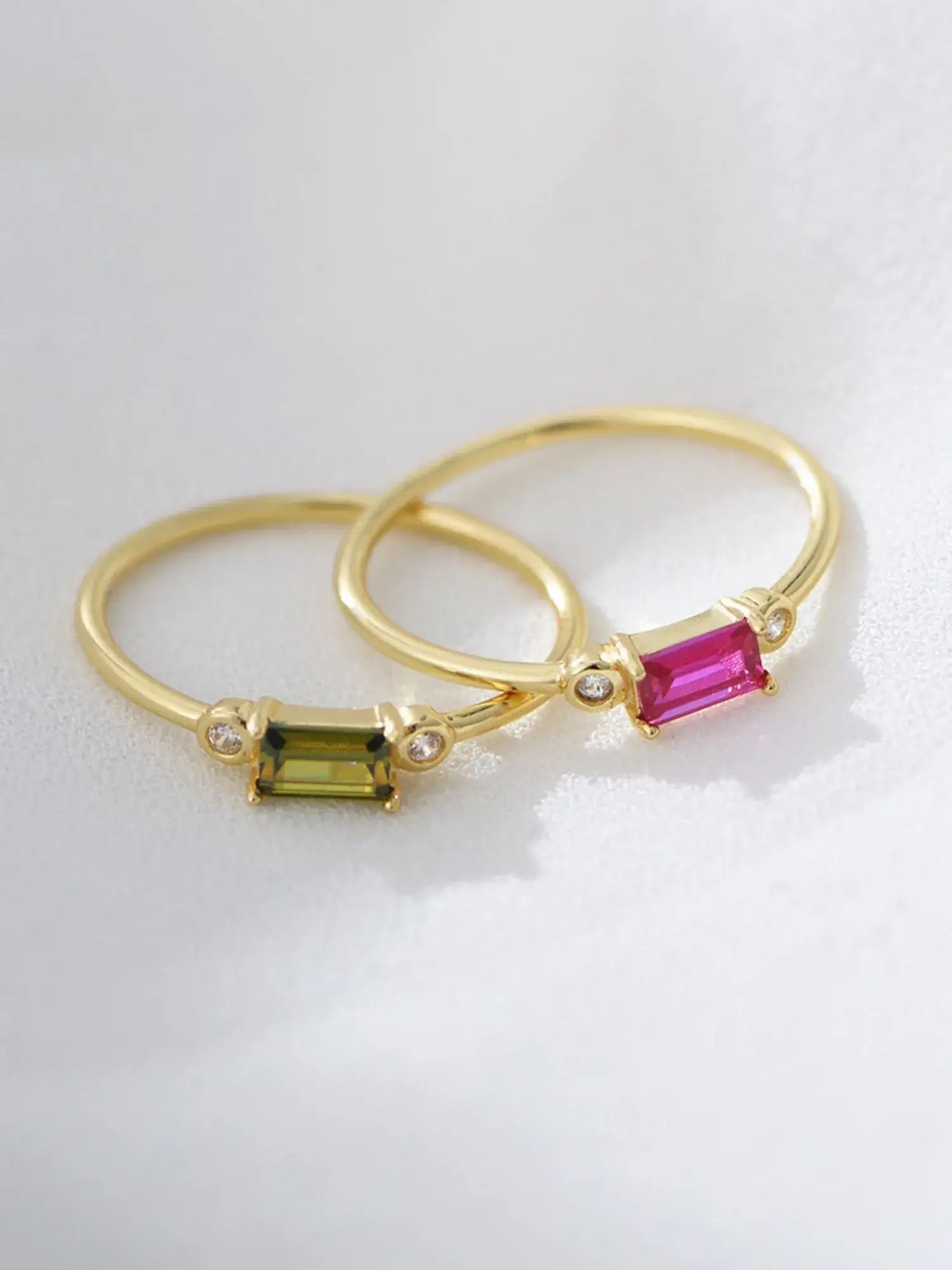 Elegant Viola Rings featuring green and pink zircon inlays, crafted from 925 sterling silver with gold plating.