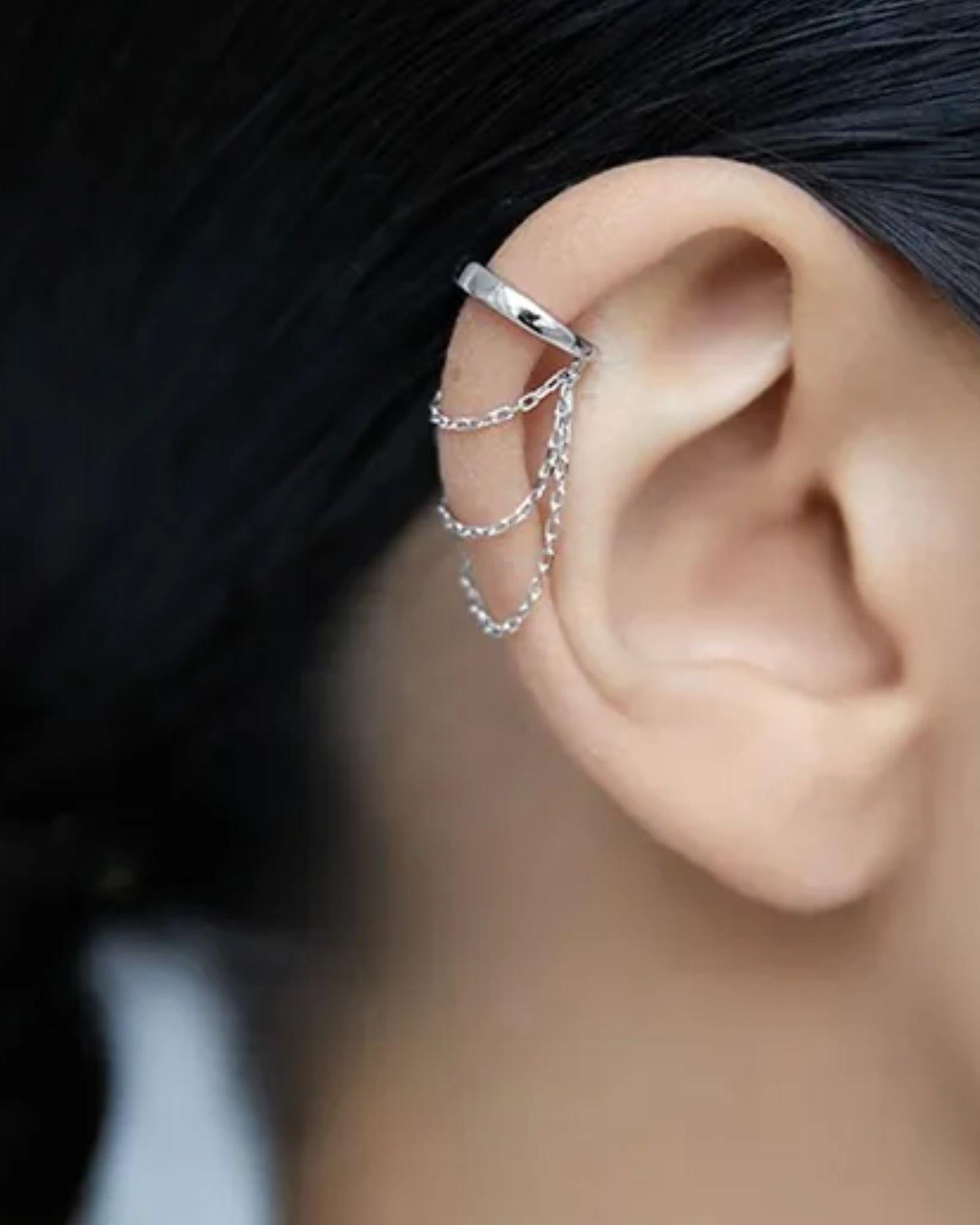 Three layer Chain Ear Cuff in Silver with delicate chains creating a layered look on the ear.