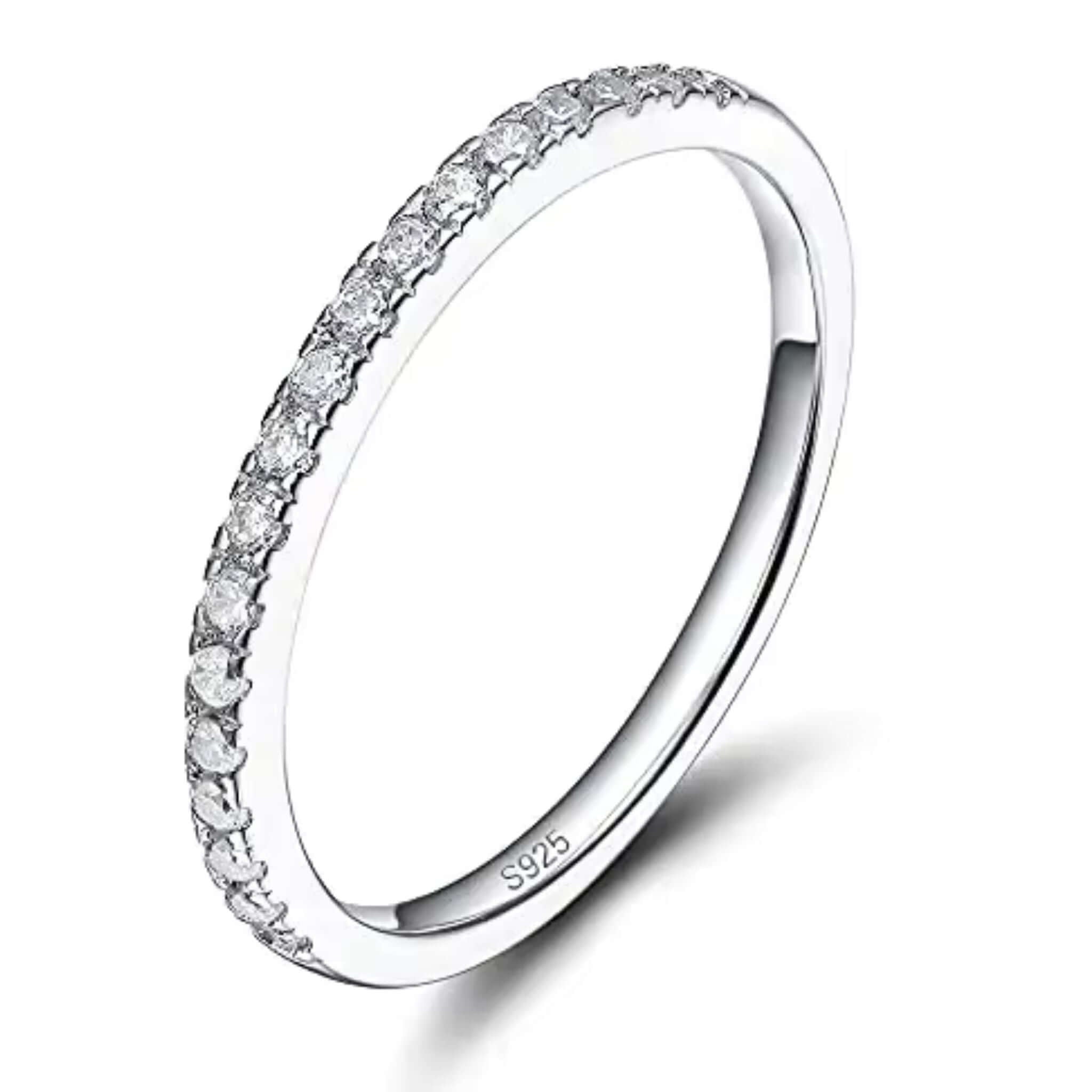 Half Eternity Stackable Ring in Silver with bezel-set zircons on a 925 sterling silver band.