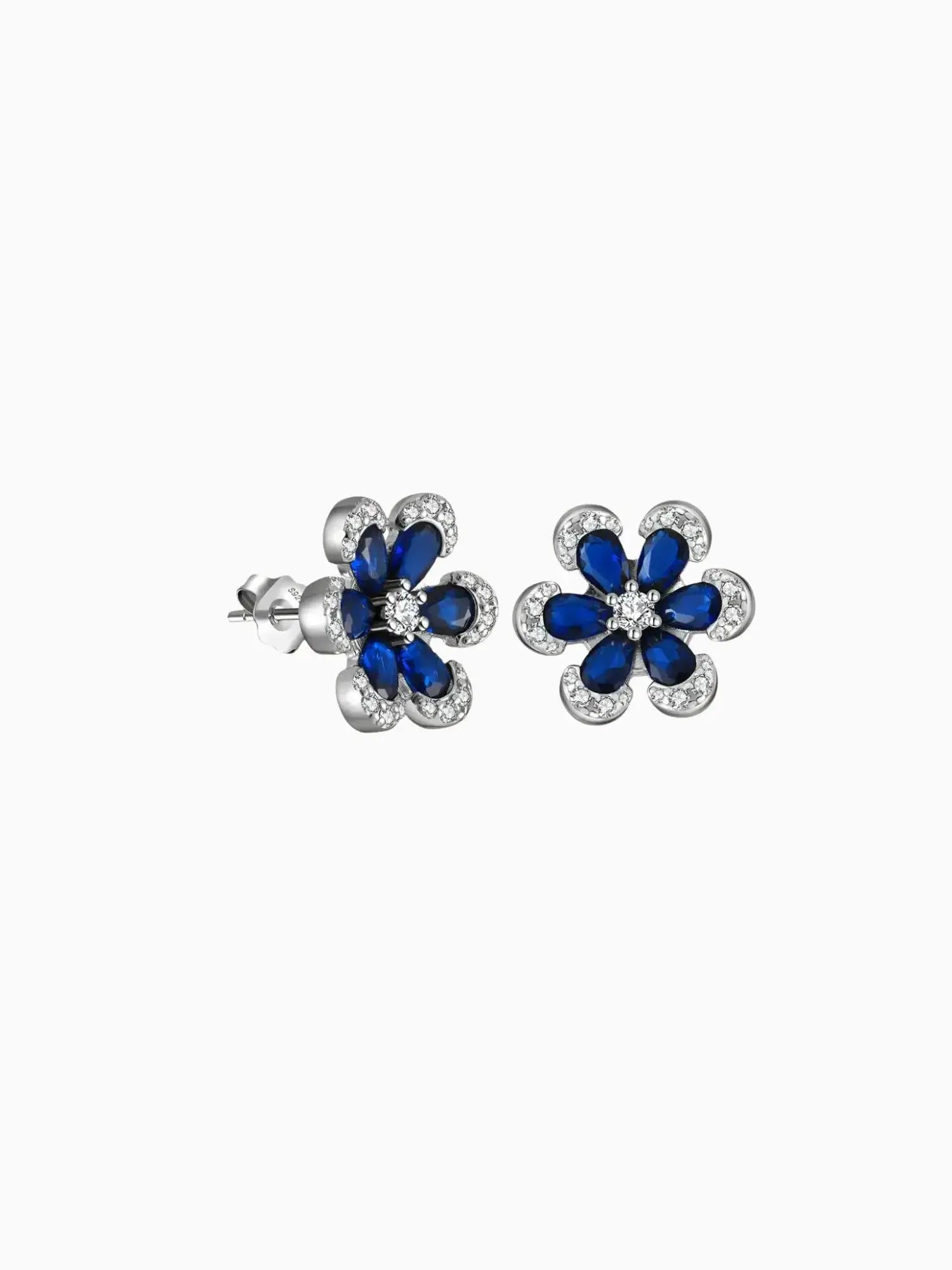 Blue Sapphire Flower Stud Earrings in sterling silver with zirconia stones and lab-created sapphires.