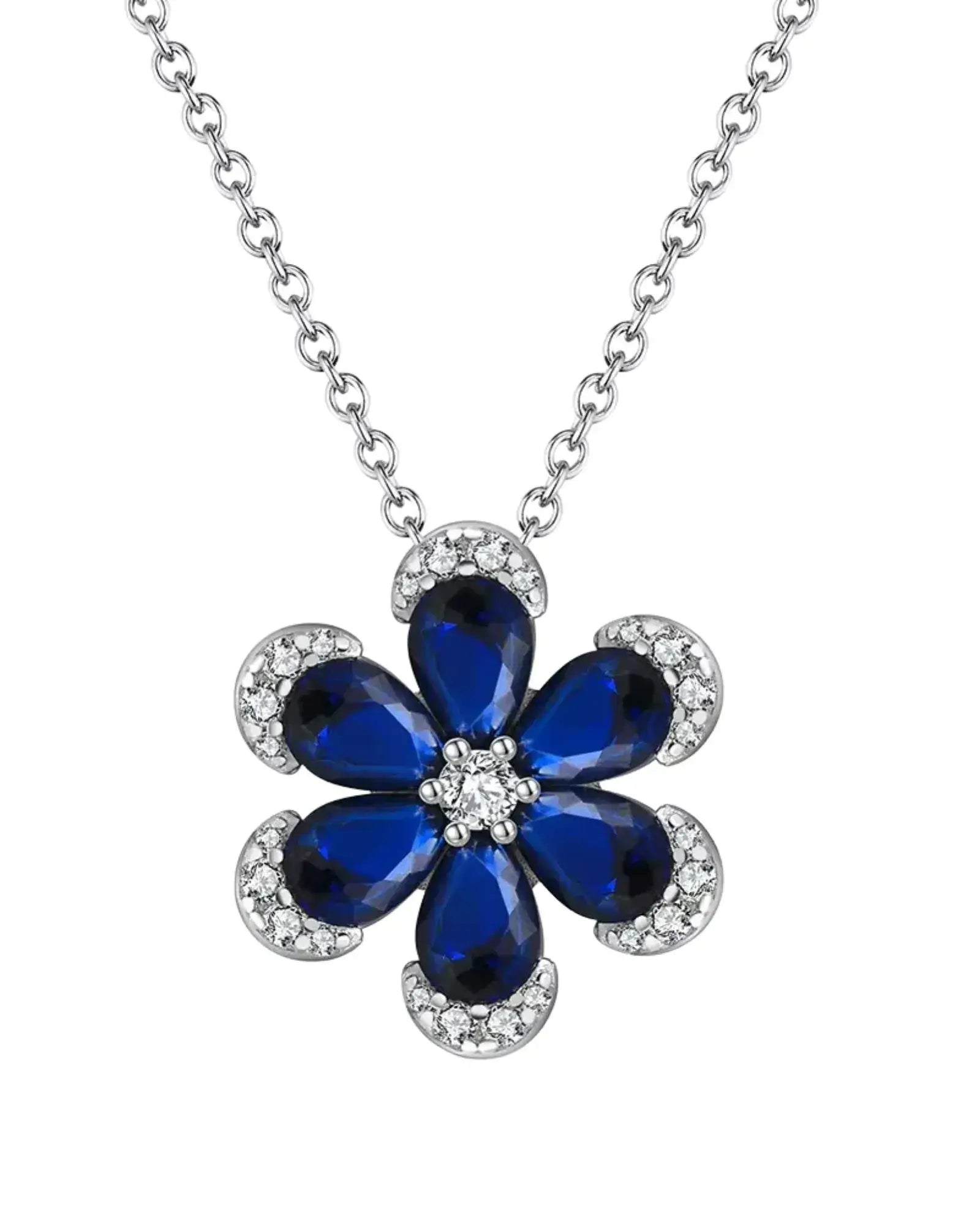 Blue Sapphire Flower Pendant Necklace
