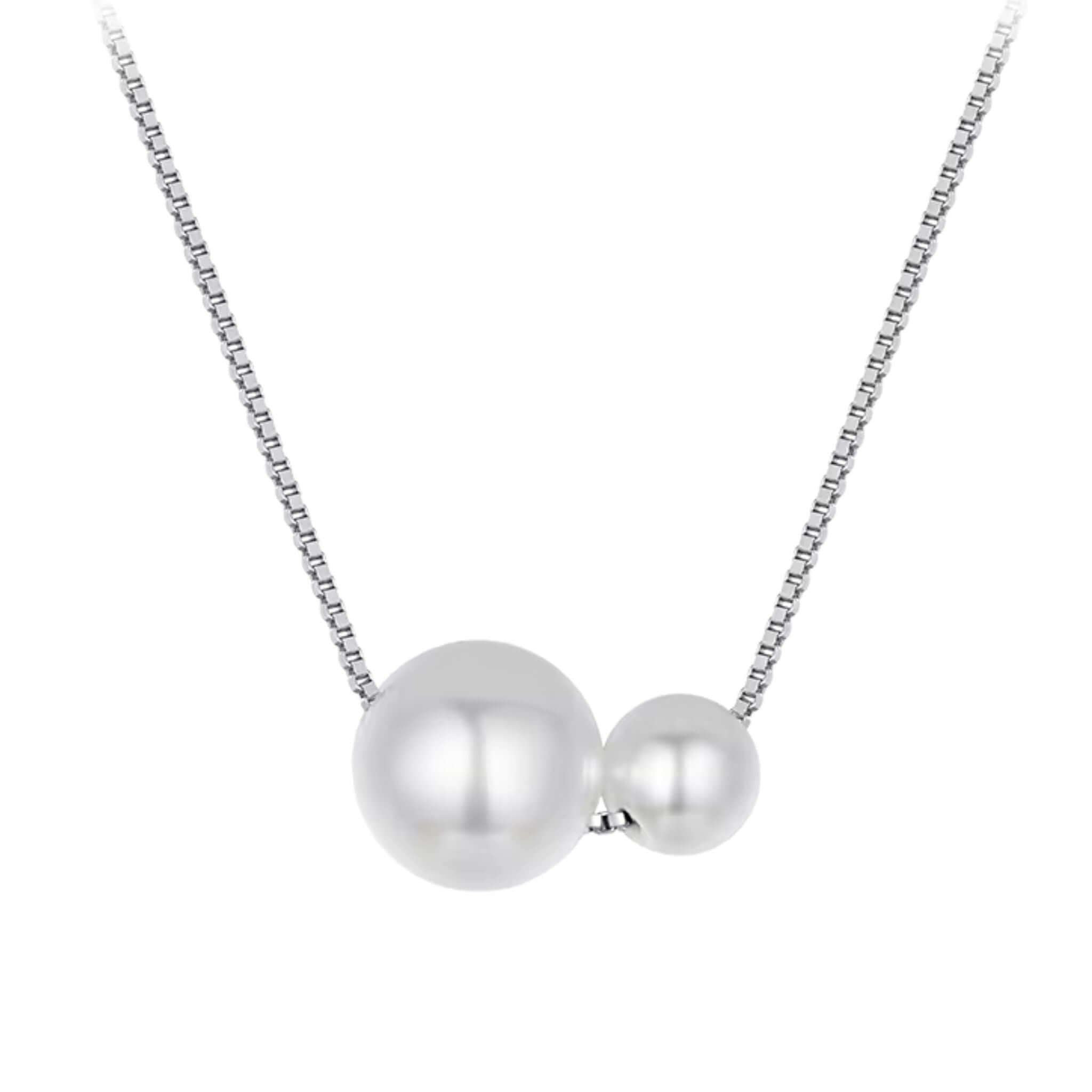 Elegant dual pearl necklace featuring a sleek box chain in white gold-plated 925 sterling silver.