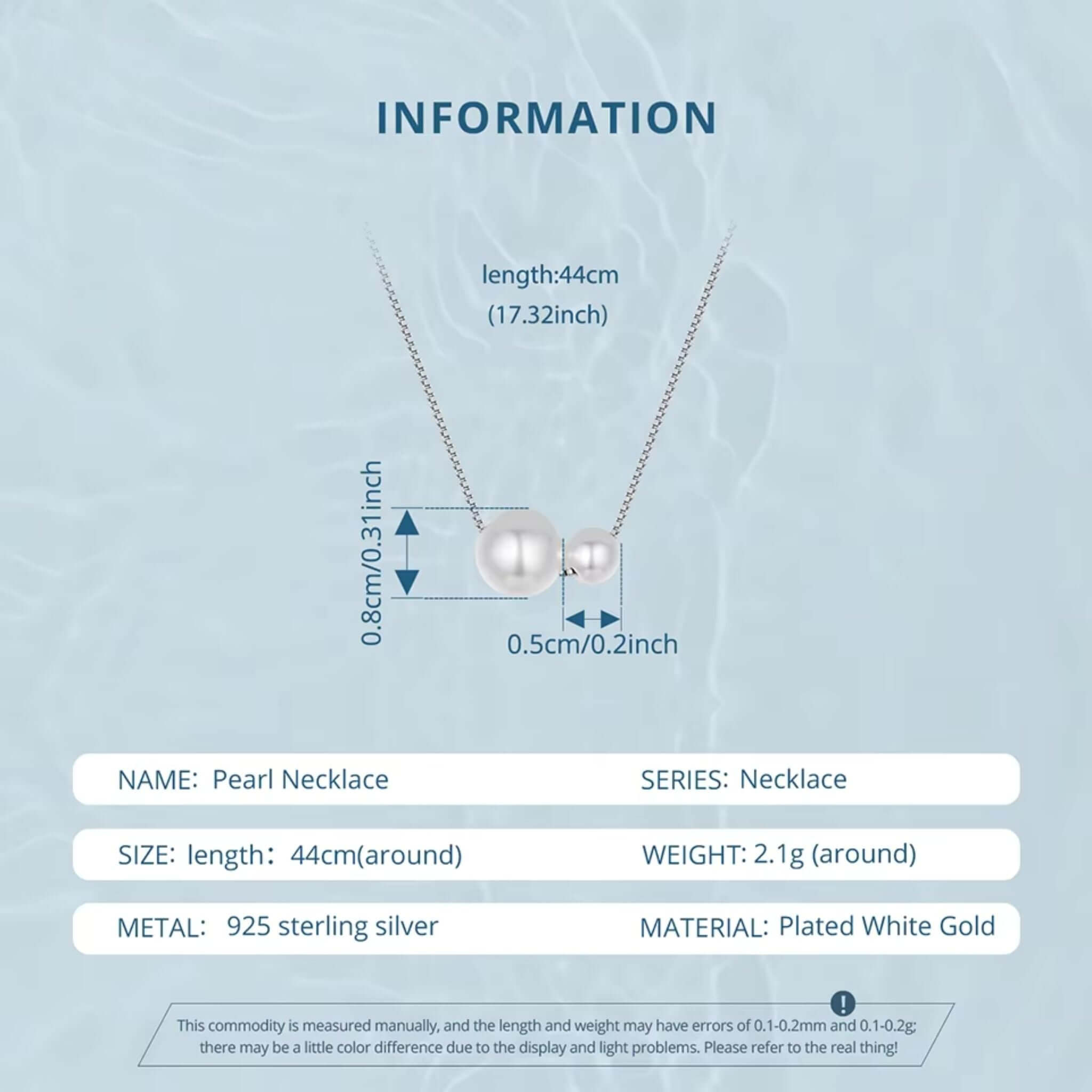 Elegant dual pearl necklace in 925 sterling silver, featuring a box chain and luminous pearls, measuring 44cm.