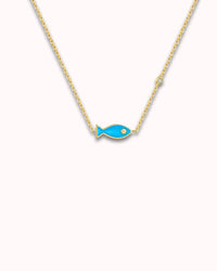 Vintage fish pendant necklace in sterling silver with blue enamel finish and zircon accent.
