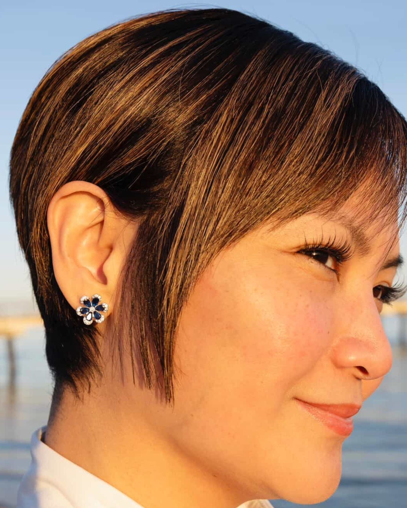 Blue Sapphire Flower Stud Earrings