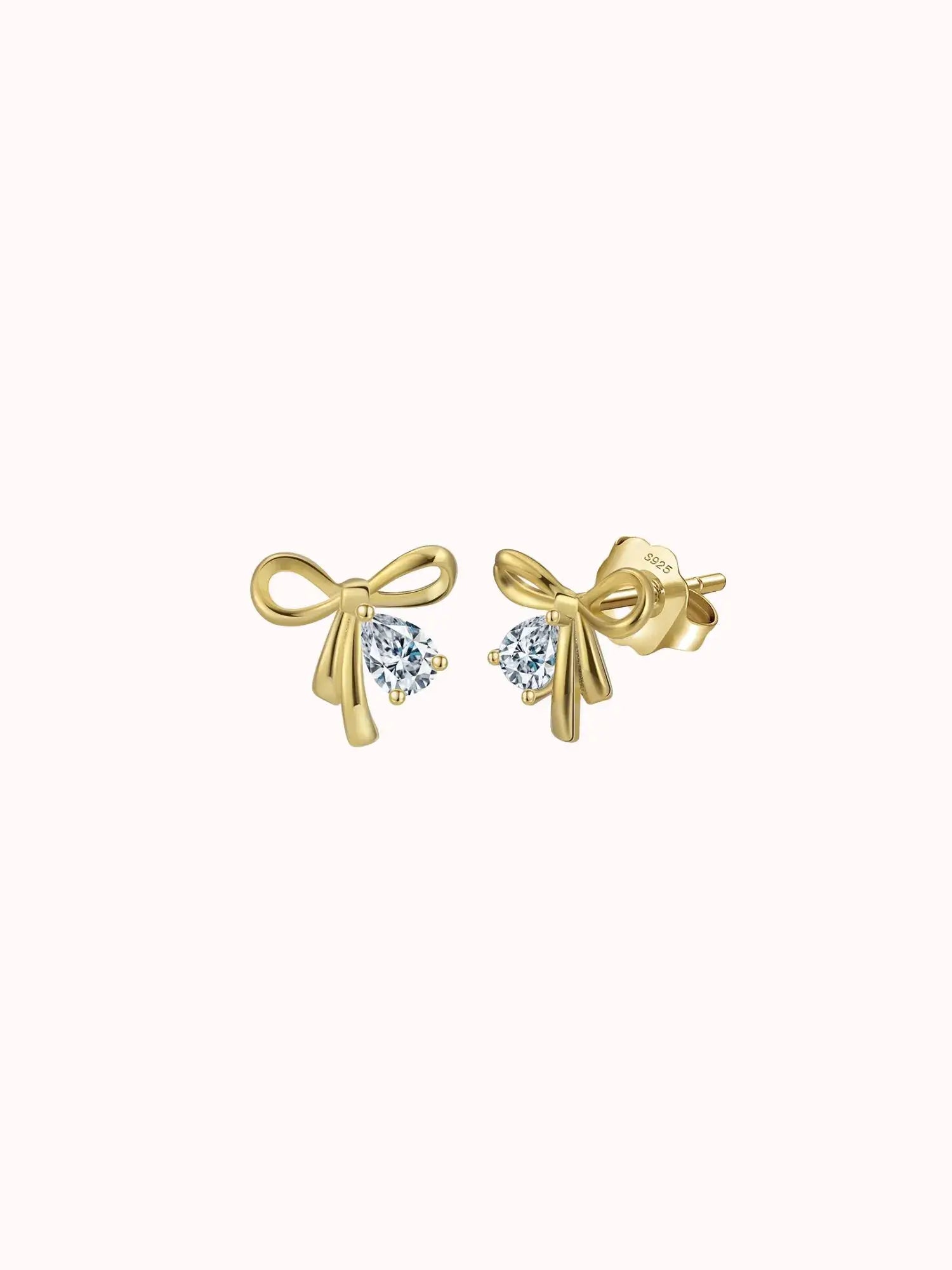 Minimalist bow knot stud earrings in 14k gold plating with AAAAA zircon stone, perfect for everyday wear.