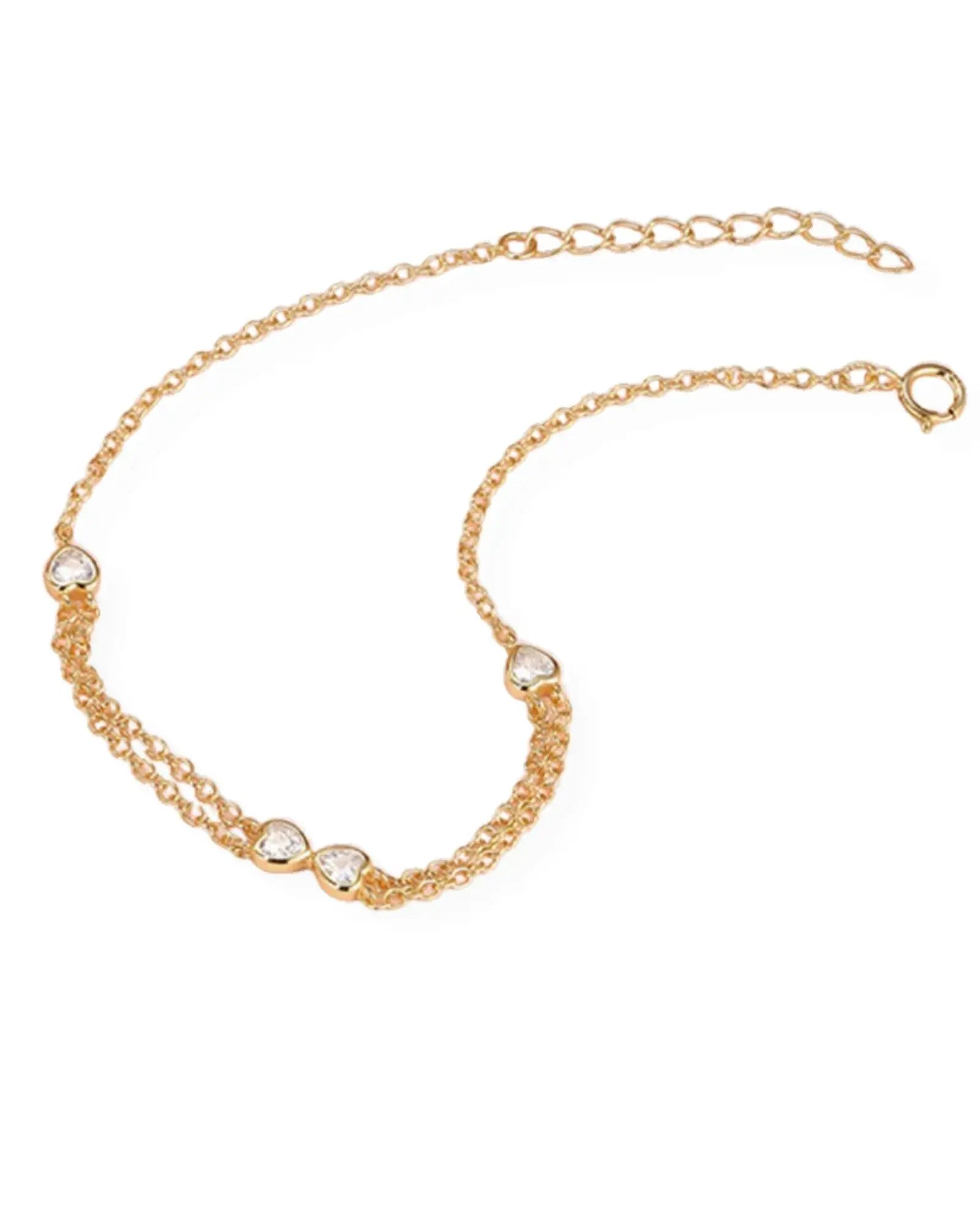 Elegant gold-plated Heart Bow Bracelet with cubic zirconia accents on a dual cable chain.