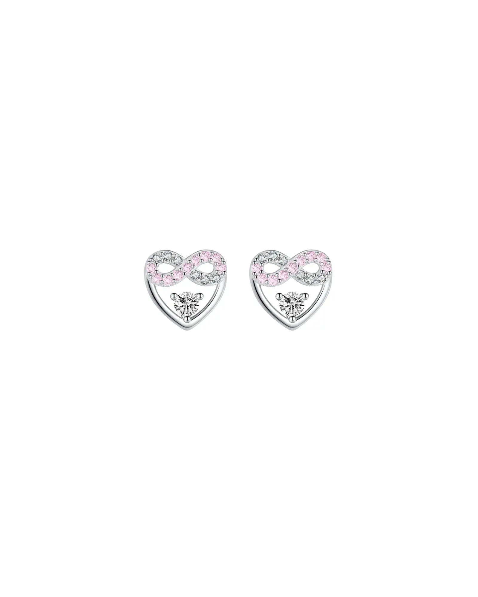 Eternal Blush Heart Ear Studs featuring infinity design with pink and white stones, crafted in sterling silver for timeless elegance.