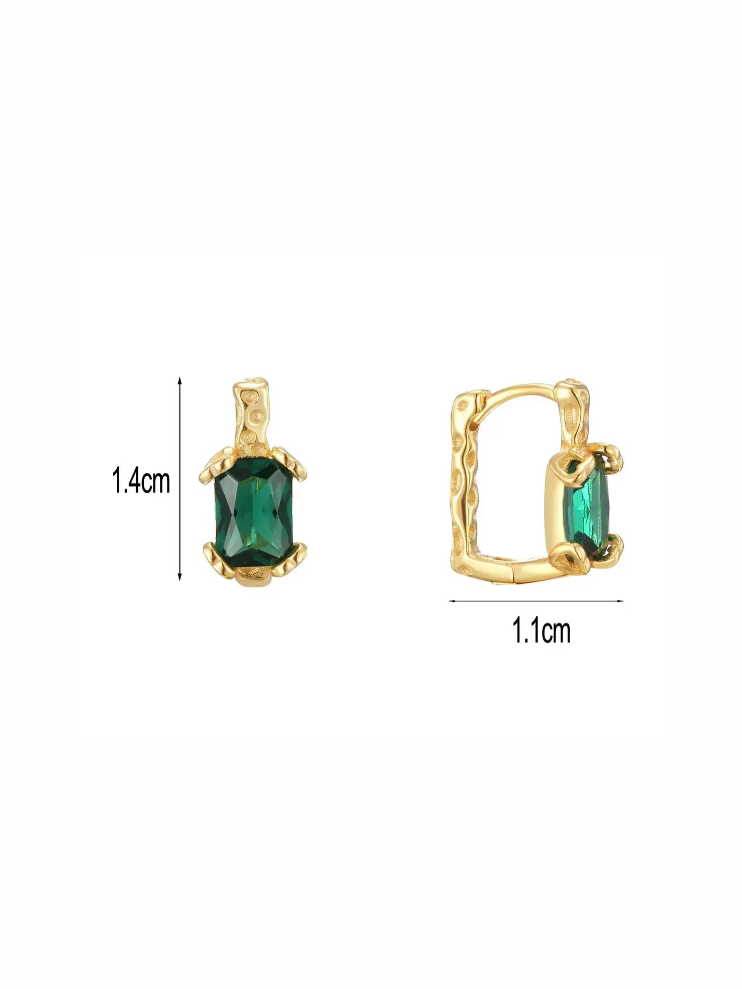 Green vintage square hoops with vibrant zircon stones, 1.4cm by 1.1cm, perfect for elegant style.
