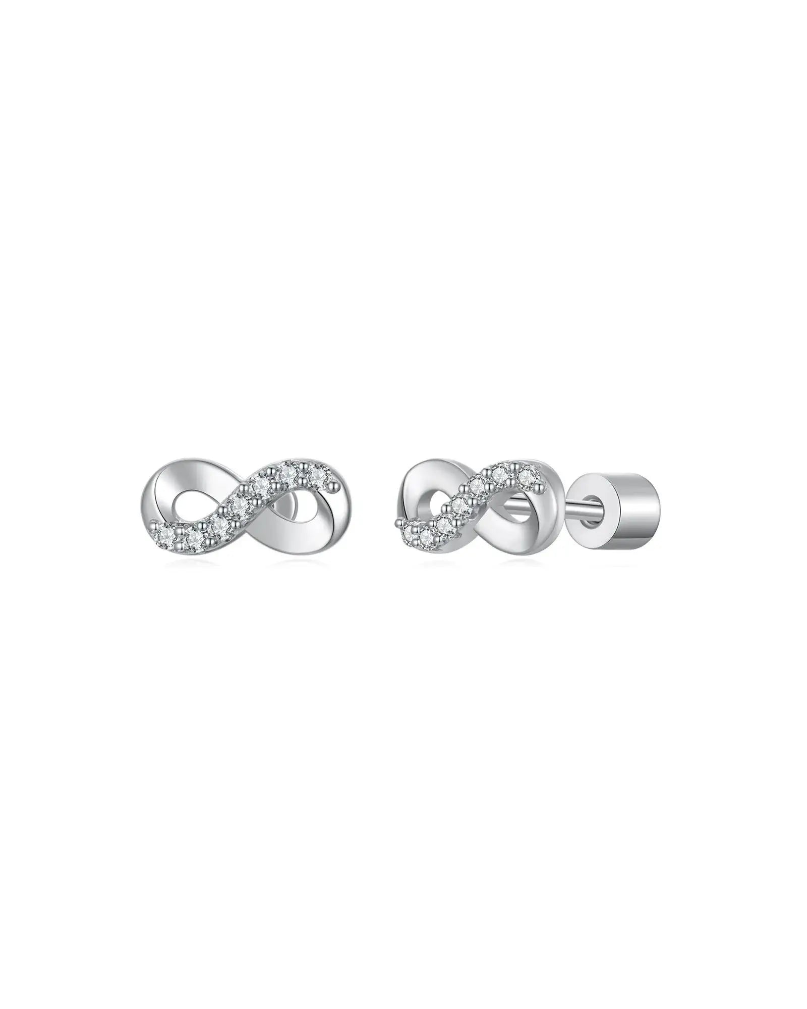 Elegant infinity ear studs made of 925 sterling silver, featuring moissanite inlay and secure screw back design.