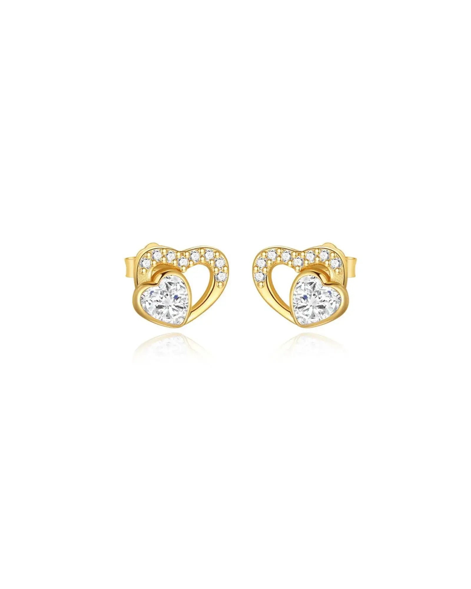 Love Glow Stud earrings in gold and silver featuring heart design and sparkling crystals, perfect for elegant occasions.