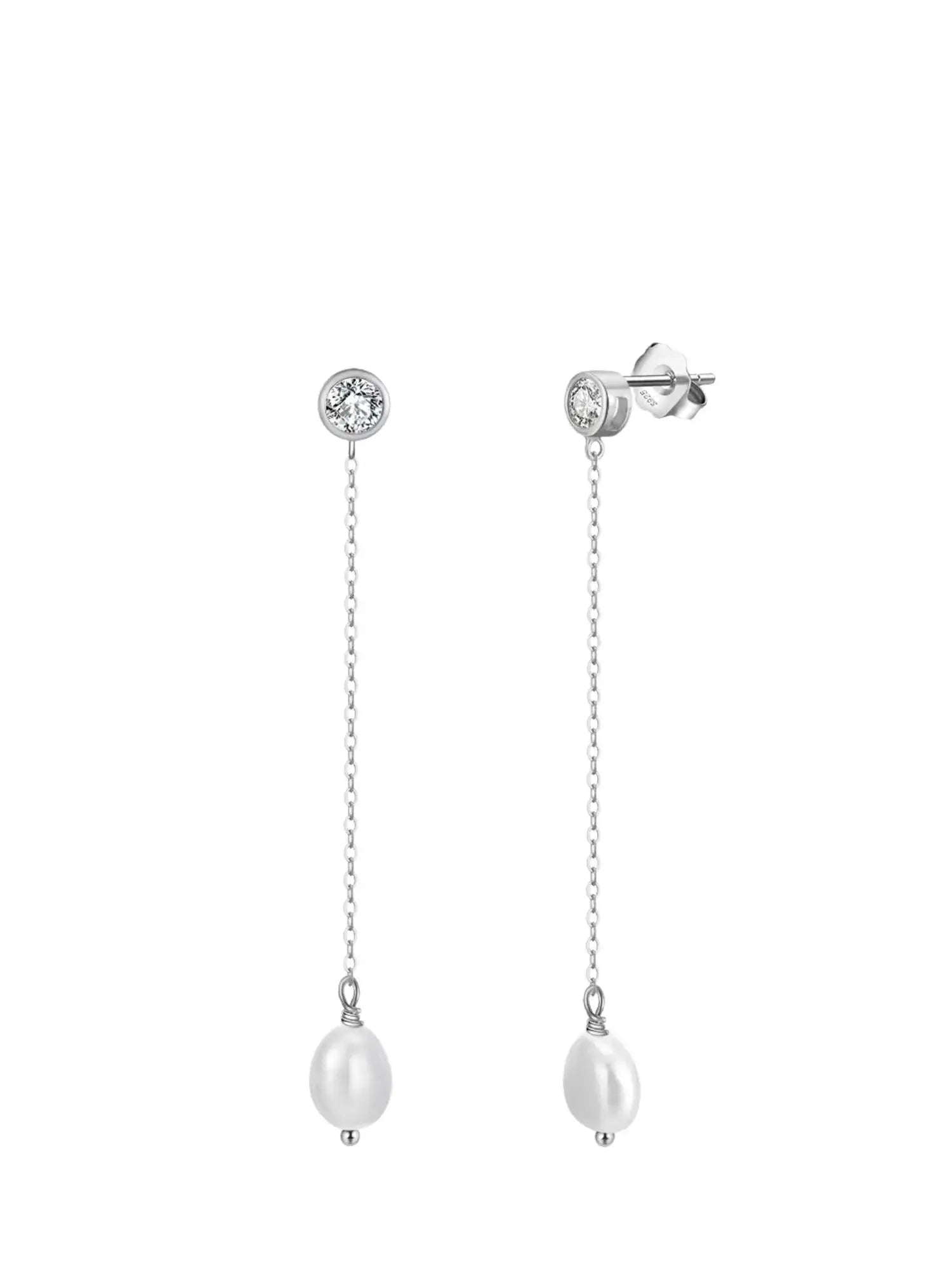 Pearl Zirconia drop earrings in silver featuring classic pearls and modern design for elegant occasions.