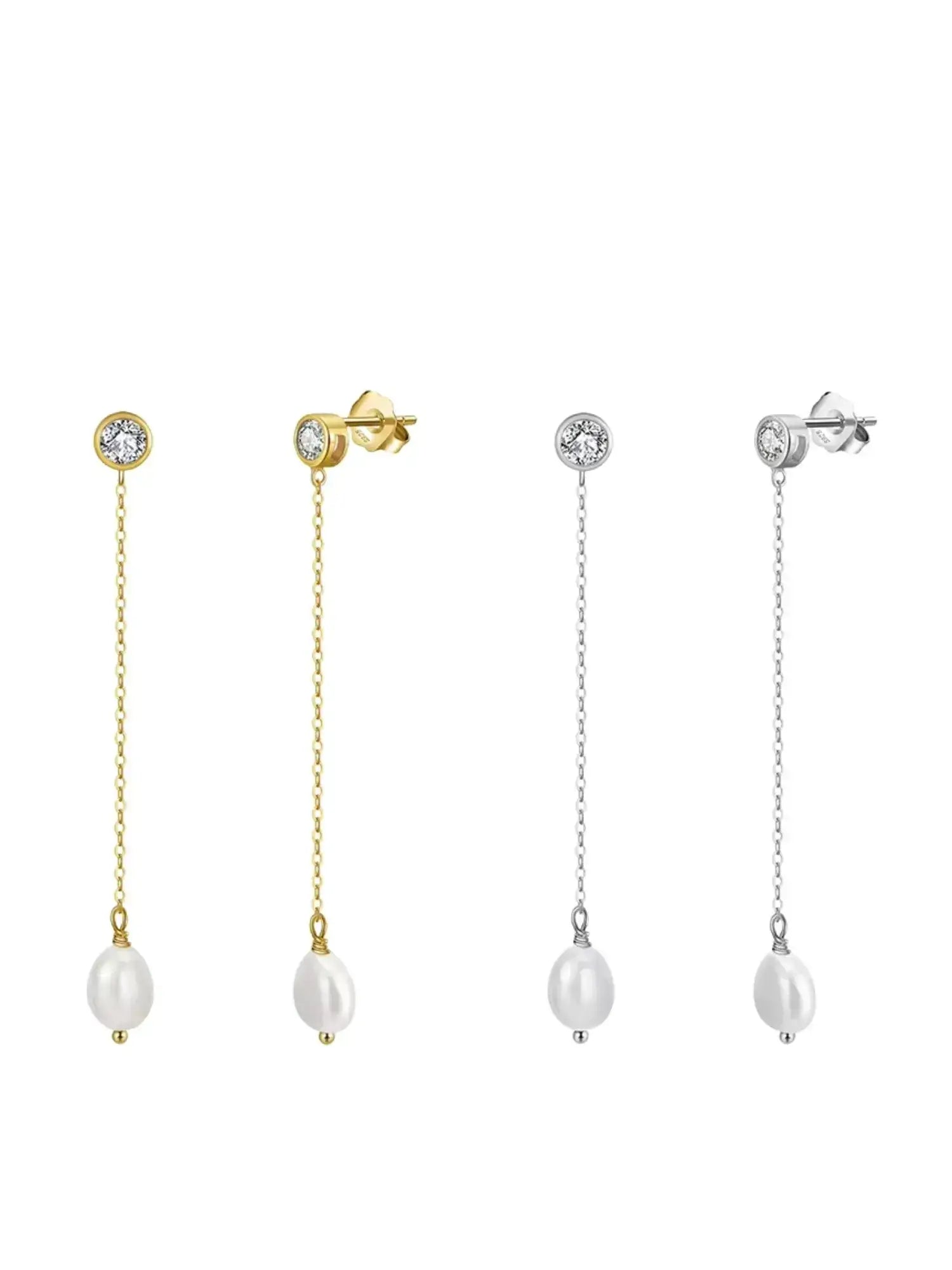 Elegant Pearl Zirconia Drop Earrings in Gold and Silver, featuring classic pearls on delicate chains.