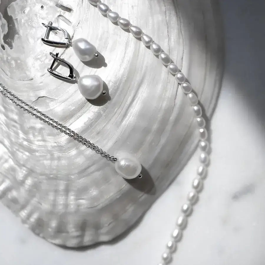 Lumera Pearl Set with sterling silver and white gold earrings and necklace featuring matched pearls.