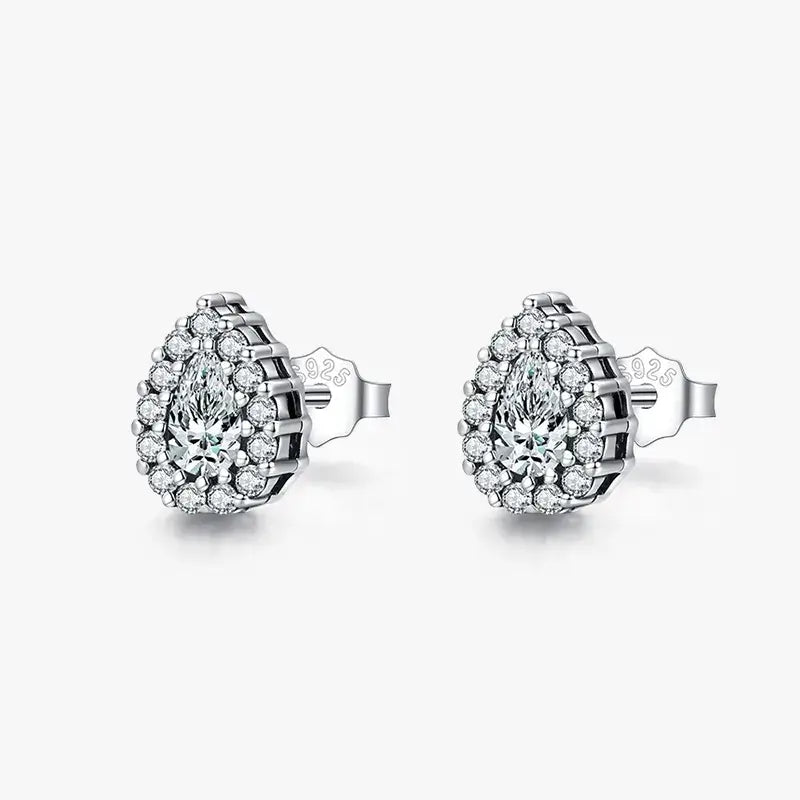 sterling silver water droplets ear studs featuring zircon inlay and classic design, perfect for elegant daily wear.