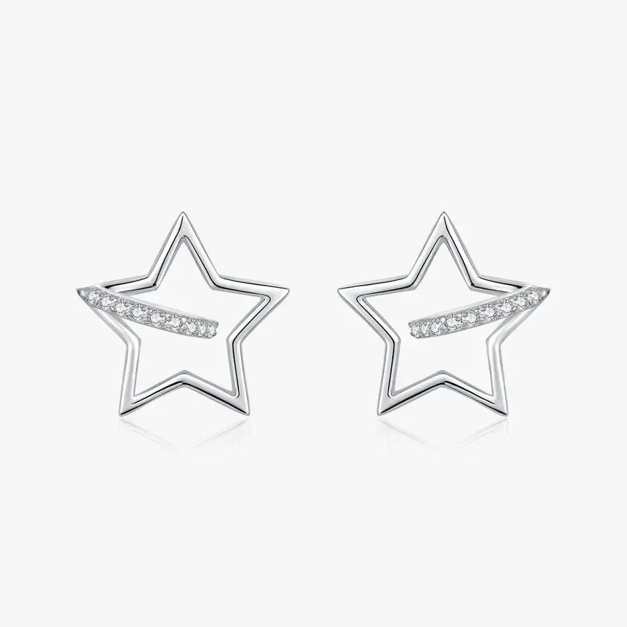 Hollow star ear studs in silver with zircon inlay, perfect for daily wear or outings.