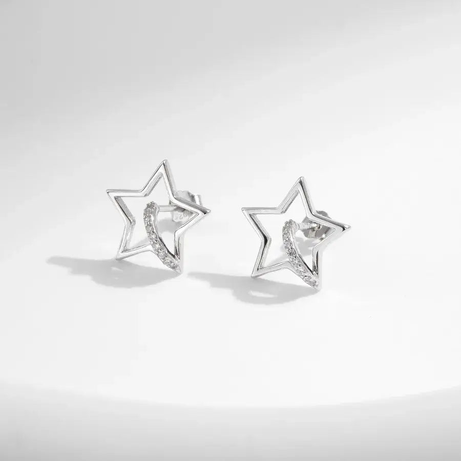 Hollow star Ear studs featuring silver zircon inlay, crafted from 925 sterling silver with rhodium plating.