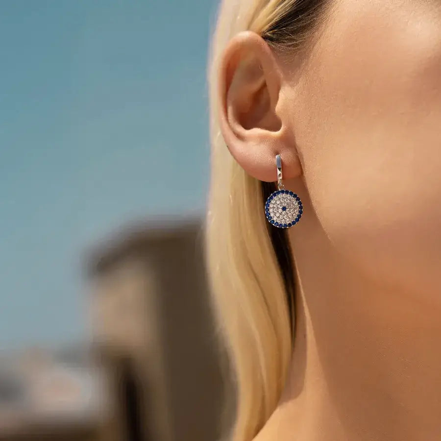 Circle Evil Eye Earrings in silver featuring zircon inlay and lightweight design, stylish for any occasion.