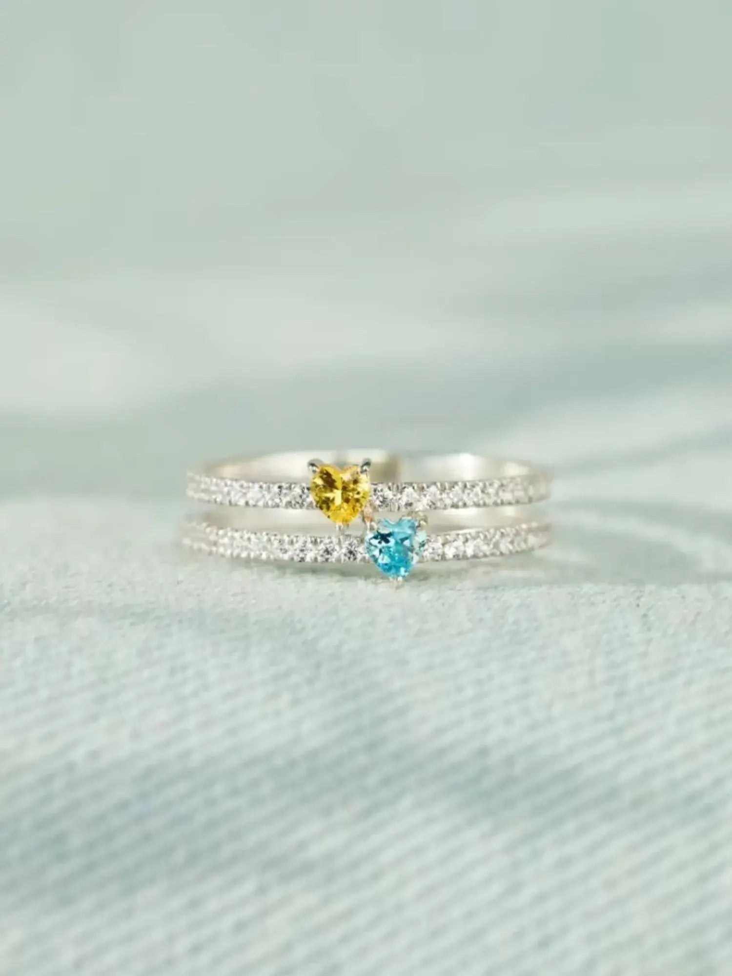 Two Heart Colourful Zircon Ring in 925 sterling silver with yellow and blue heart-shaped zircons.