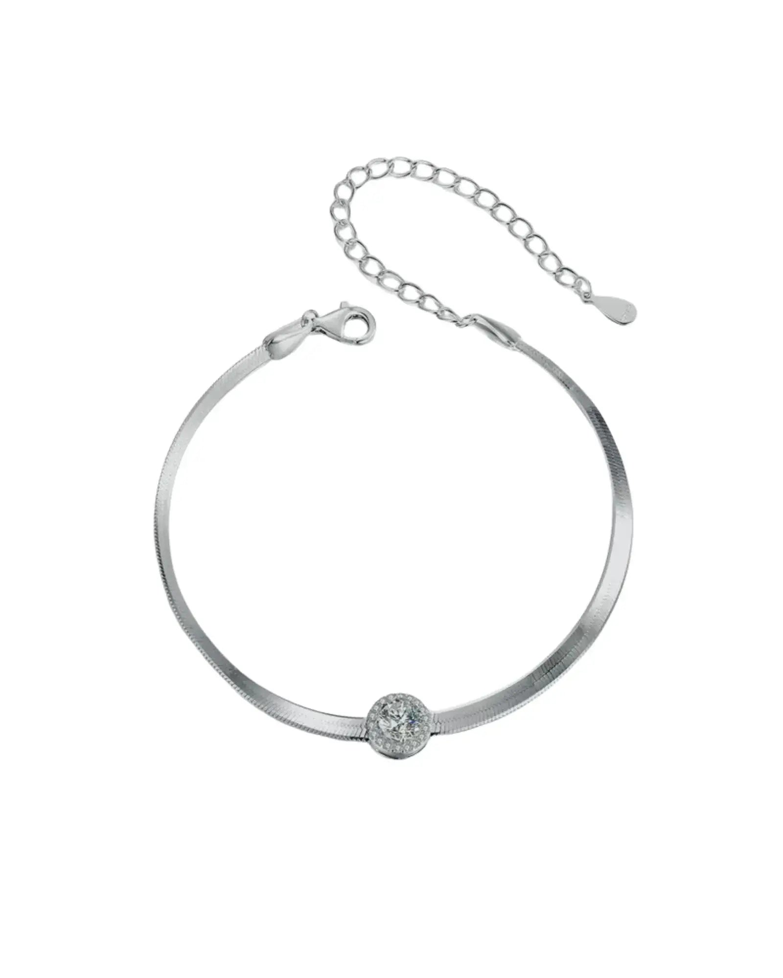 0.5CT Moissanite Halo Bracelet featuring a 925 sterling silver snake chain and white gold plating, adjustable for the perfect fit.