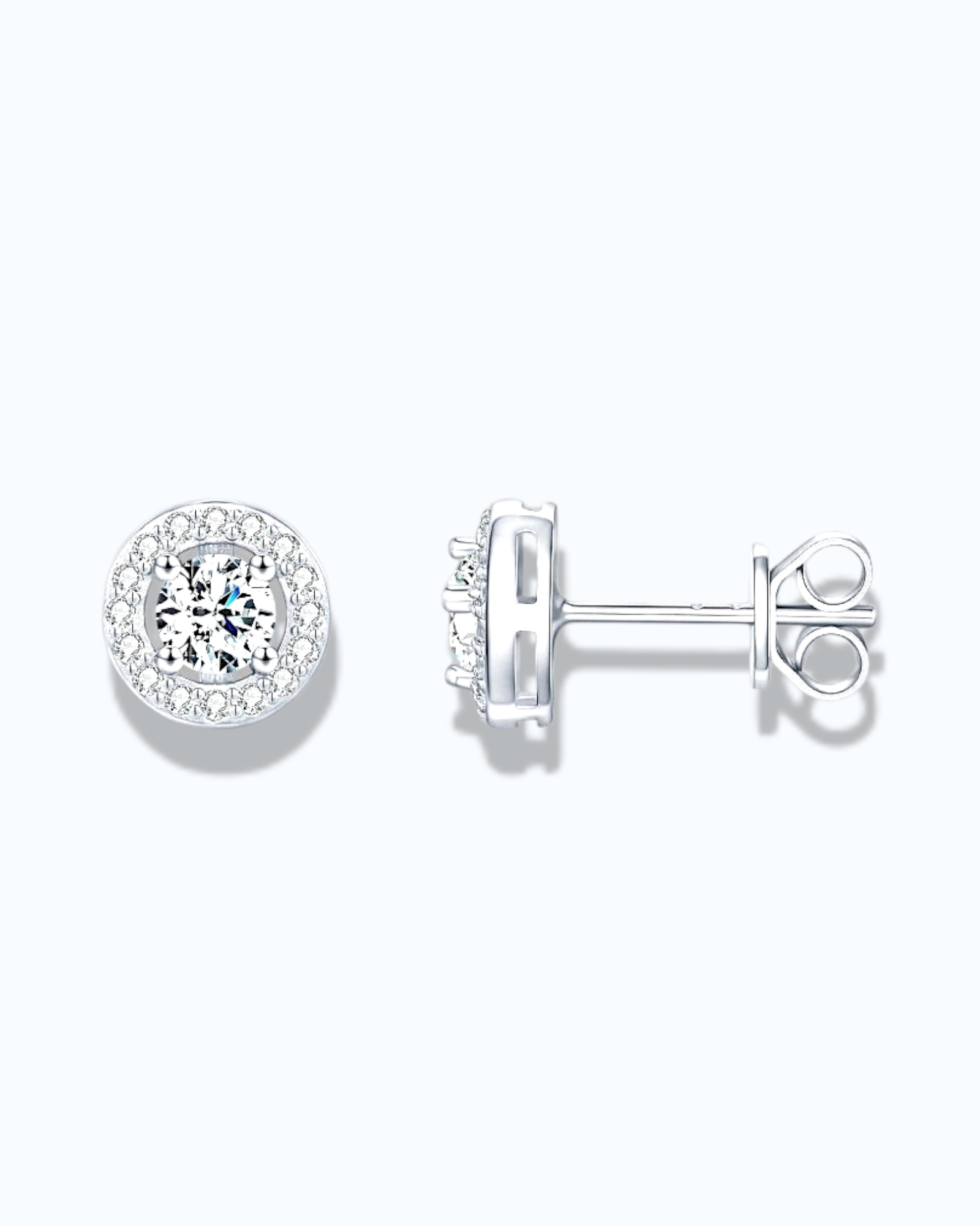 Round Brilliant Cut moissanite Stud showcasing sparkle in a secure prong setting with cubic zirconia accents.