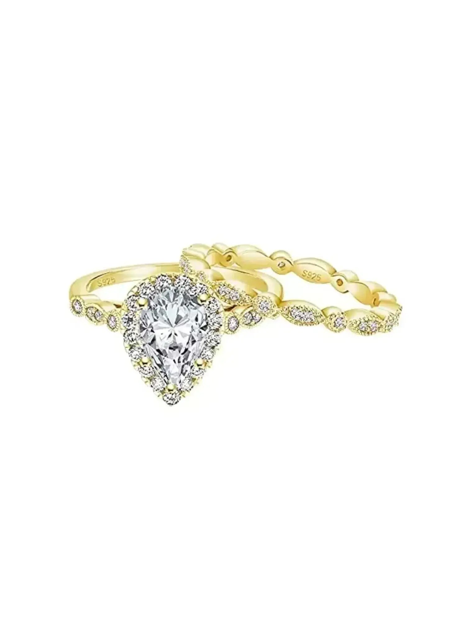 1.5CT teardrop CZ two ring set featuring a stunning cubic zirconia centerpiece in a gold setting.