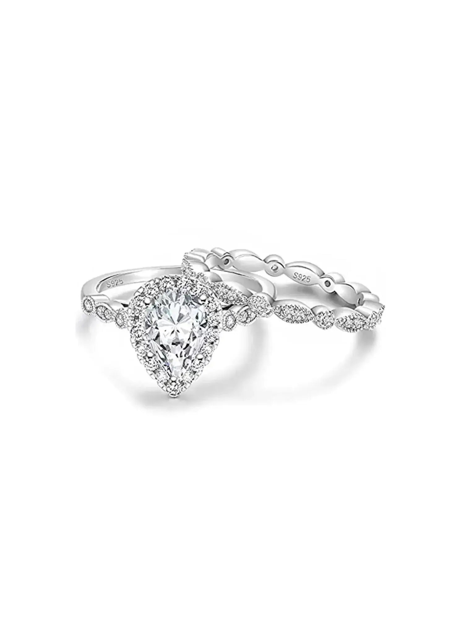 1.5CT Teardrop CZ Two Ring Set in sterling silver, featuring a stunning prong set cubic zirconia centerpiece.