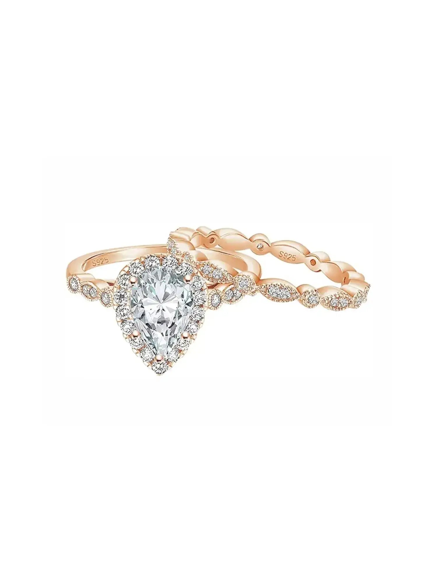 1.5CT Teardrop CZ Two Ring Set in rose gold, featuring a stunning cubic zirconia center stone and elegant band design.