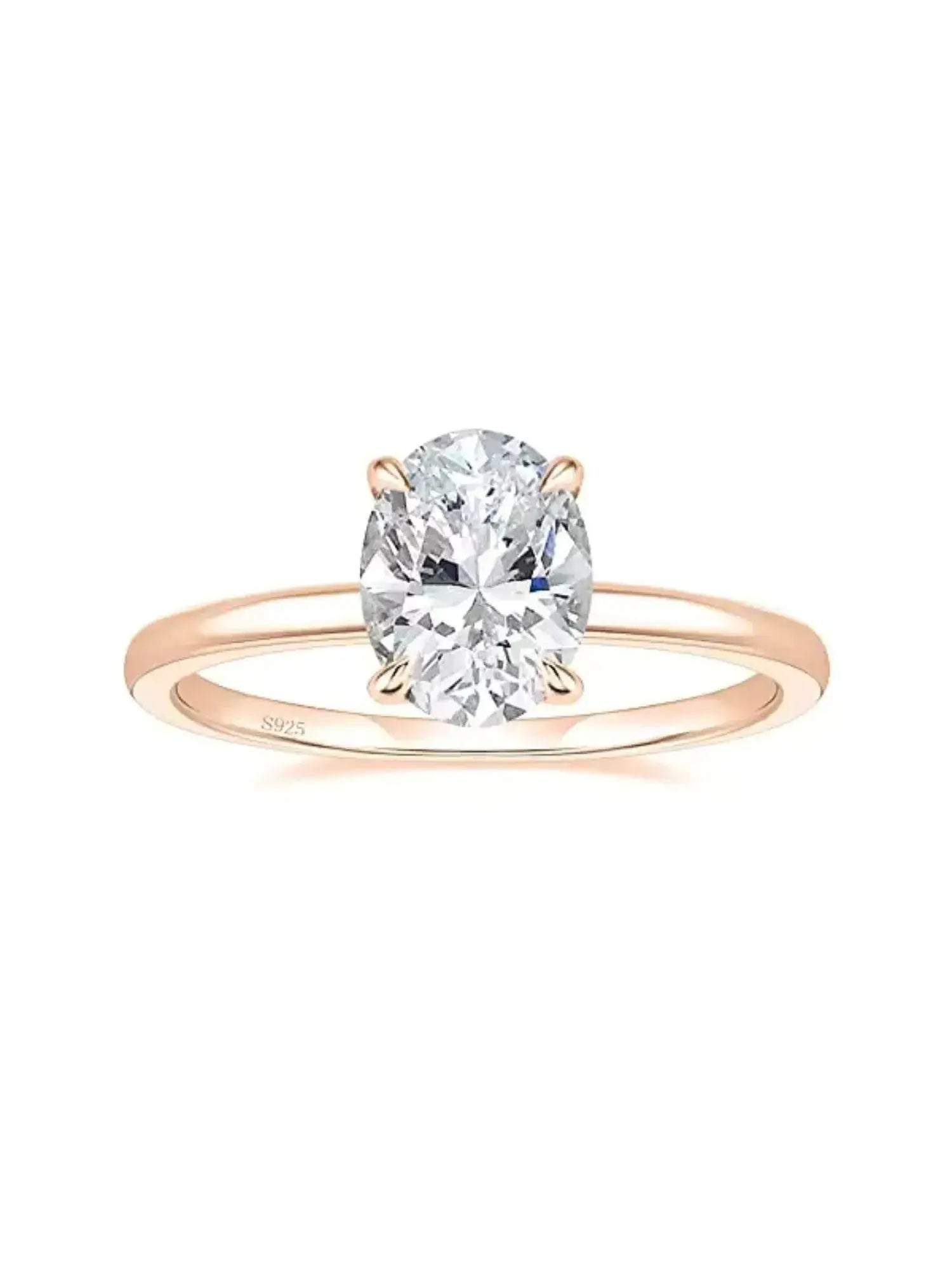3CT oval cut cubic zirconia solitaire ring in polished rose gold, reflecting elegance and modern sophistication.