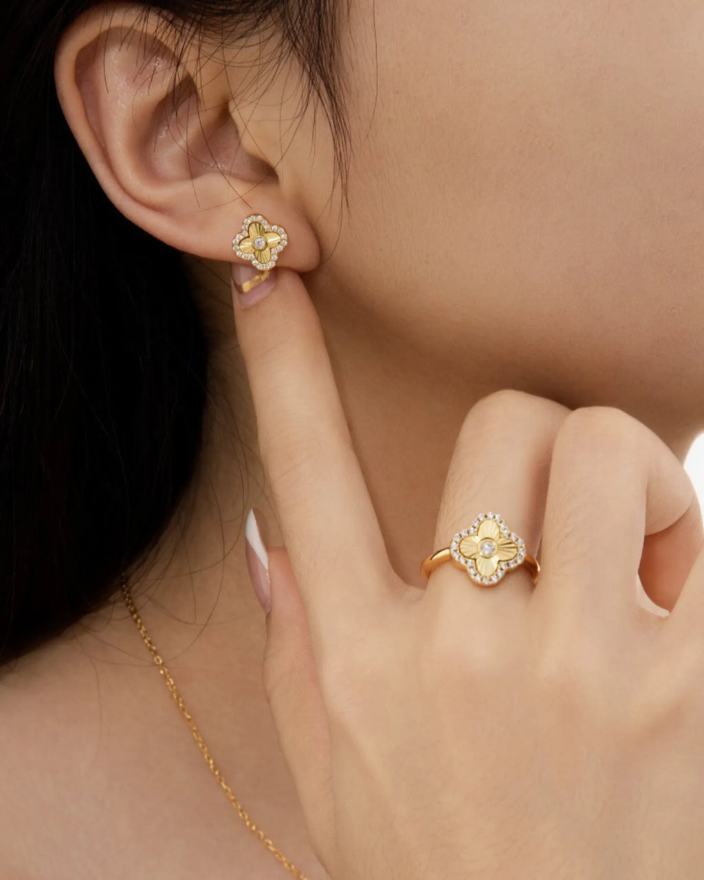 Laser Clover Stud Earrings with Pavé Zircon