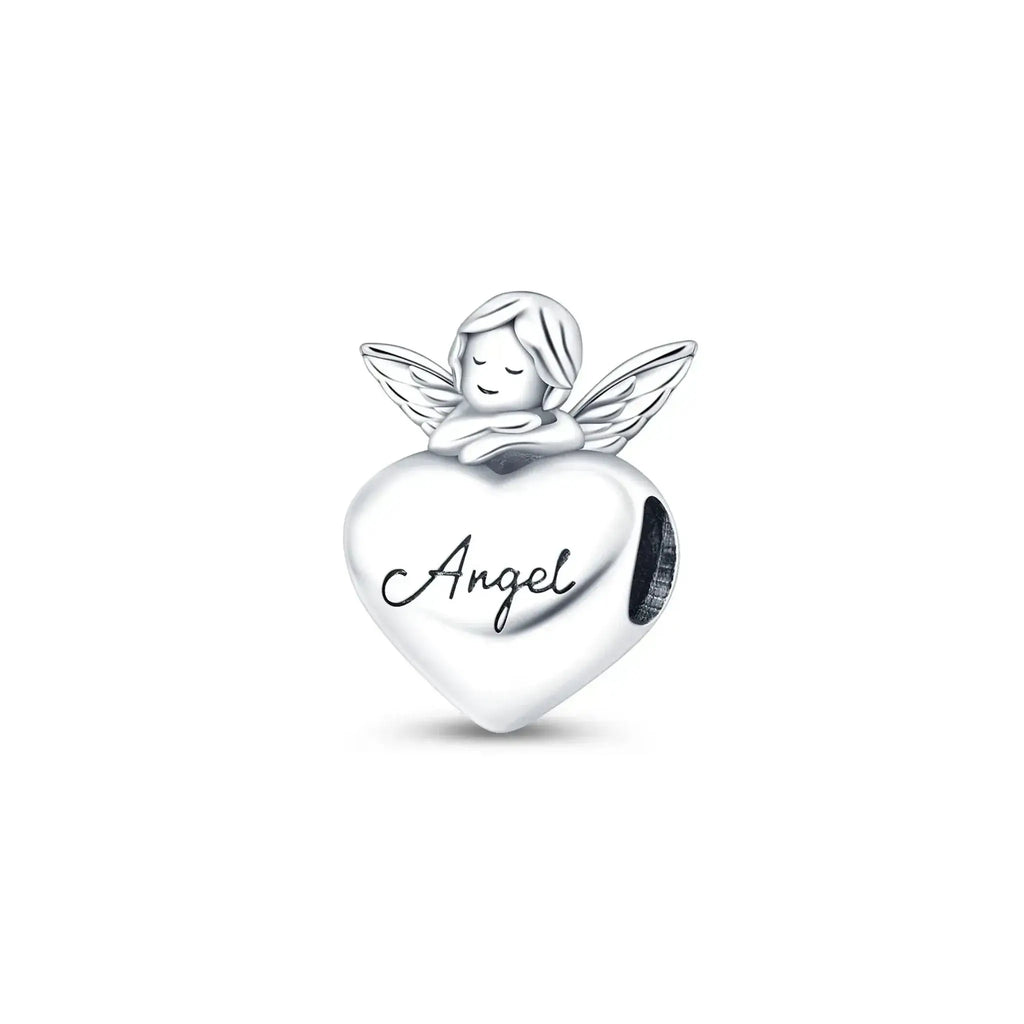 Silver angel charm with 'Angel' on a heart-shaped base on a white background