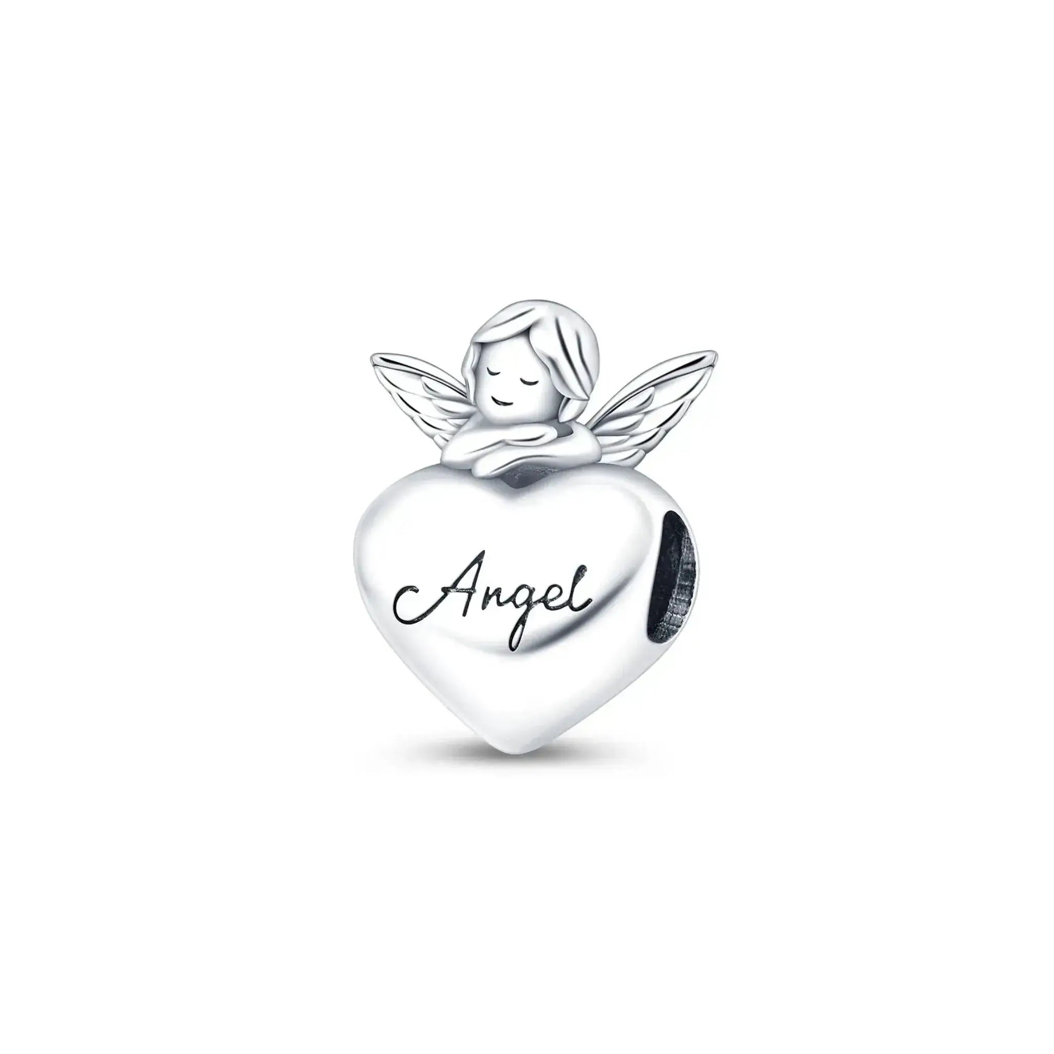 Silver angel charm with 'Angel' on a heart-shaped base on a white background