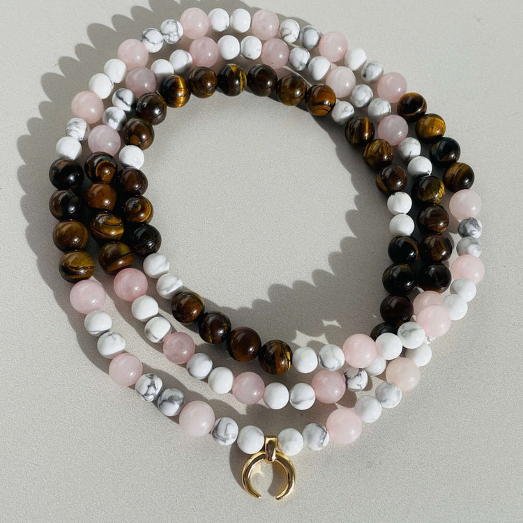 Rose quartz , Howlite, Tigers eye long beaded necklace