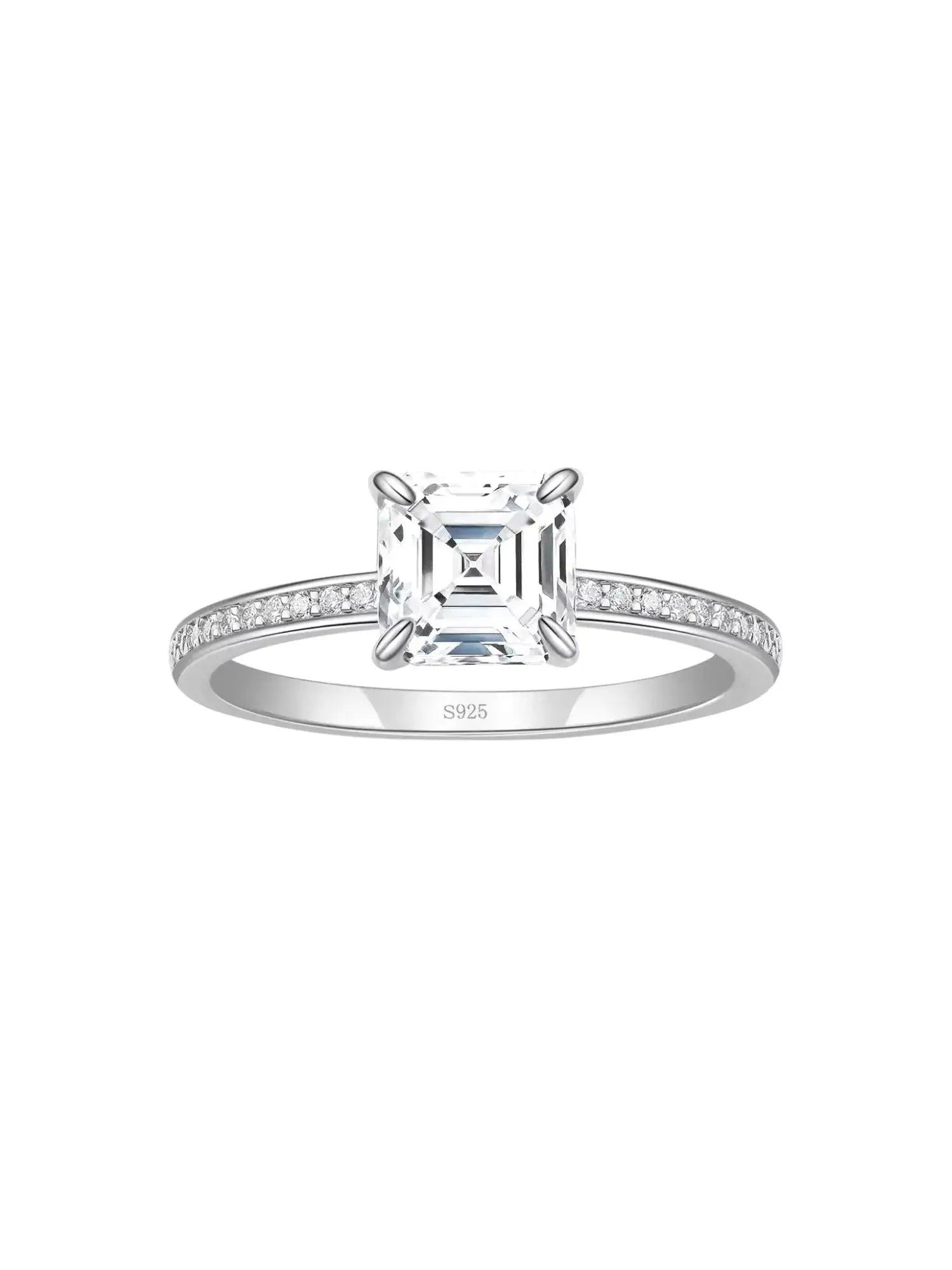 2CT Asscher Cut CZ wedding ring in 925 sterling silver with sparkling stone, perfect for engagements and elegant celebrations.