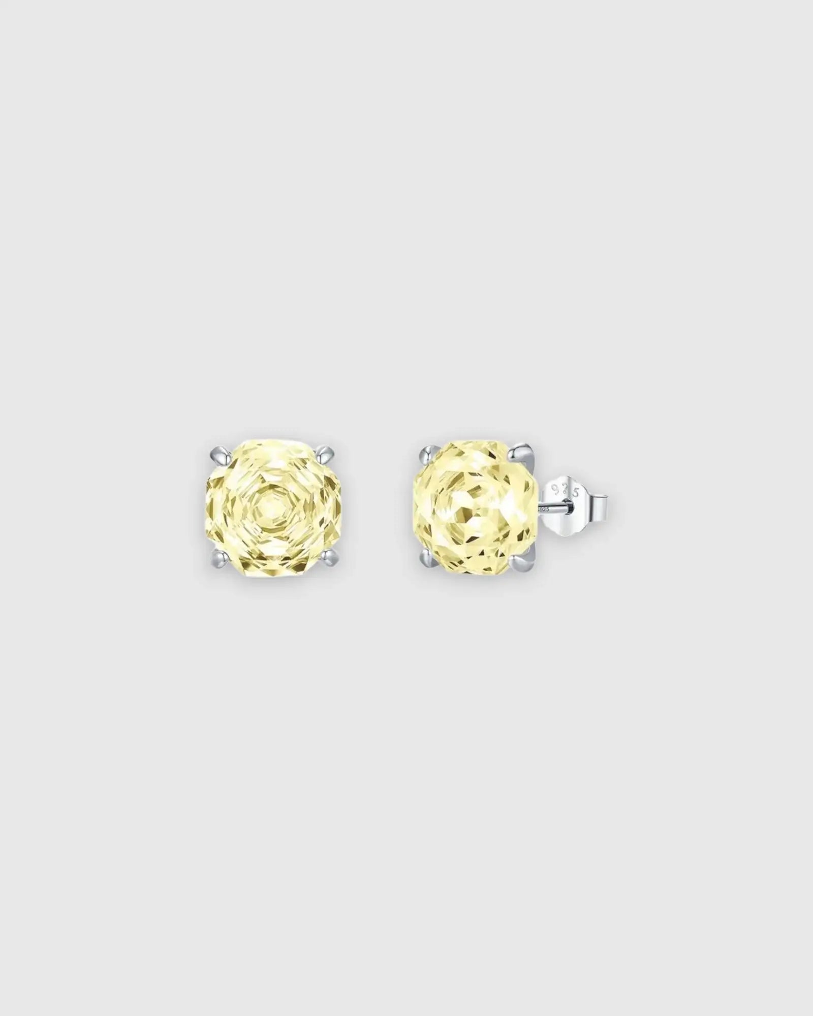 Octagonal Rose Cut Yellow Zircon Stud in Silver featuring rhodium-plated sterling silver and yellow zirconium stone.