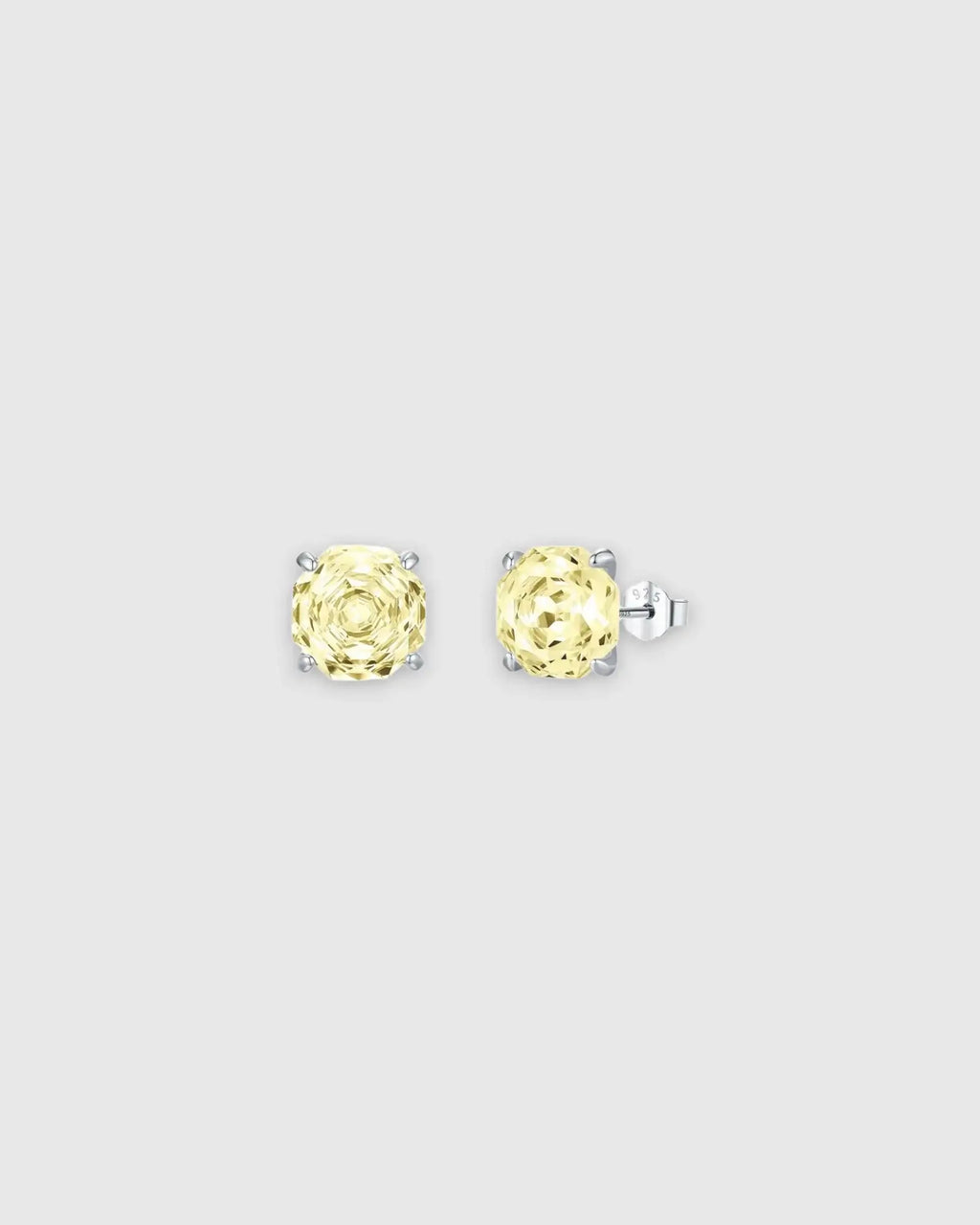 Octagonal Rose Cut Yellow Zircon Stud in Silver earrings with rhodium-plated sterling silver and yellow zirconium stones.