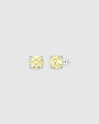 Octagonal Rose Cut Yellow Zircon Stud in Silver earrings with rhodium-plated sterling silver and yellow zirconium stones.