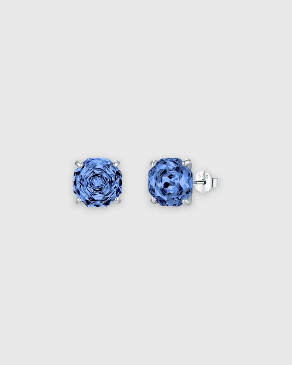 Octagonal Rose Cut Tanzanite Blue  Zircon Stud in Silver, rhodium-plated sterling silver, modern elegance earrings.