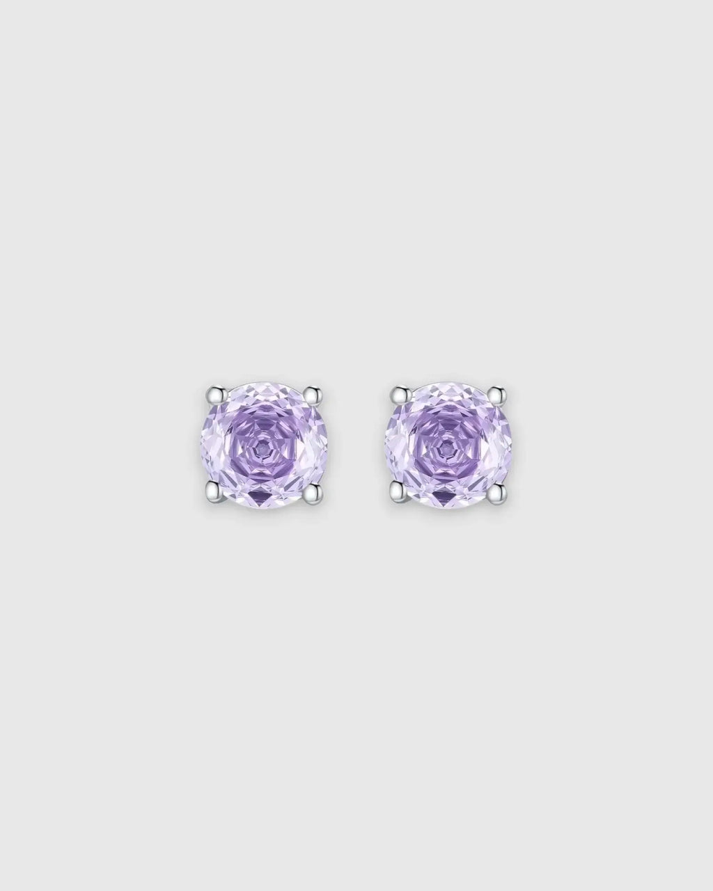 Octagonal Rose Cut Lavender Zircon Stud in Silver earrings featuring lavender stones with rhodium-plated settings.