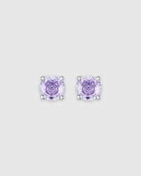 Octagonal Rose Cut Lavender Zircon Stud in Silver earrings featuring lavender stones with rhodium-plated settings.