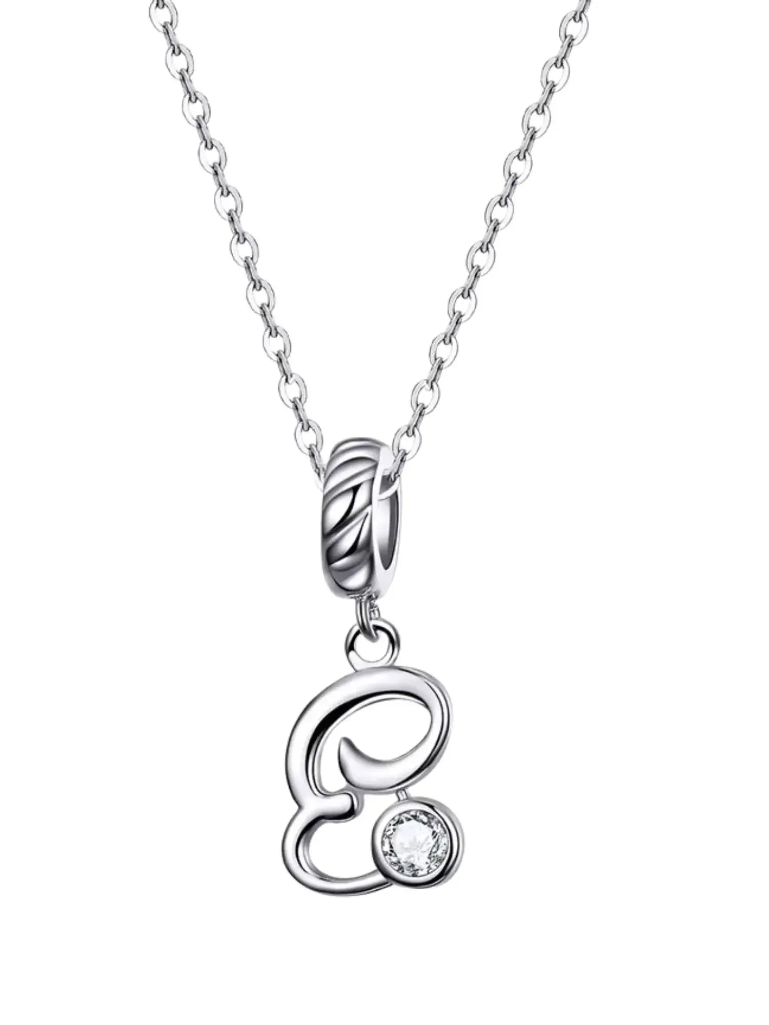 Stylish pendant necklace featuring the letter 'E' and a sparkling zircon, crafted from 925 sterling silver.