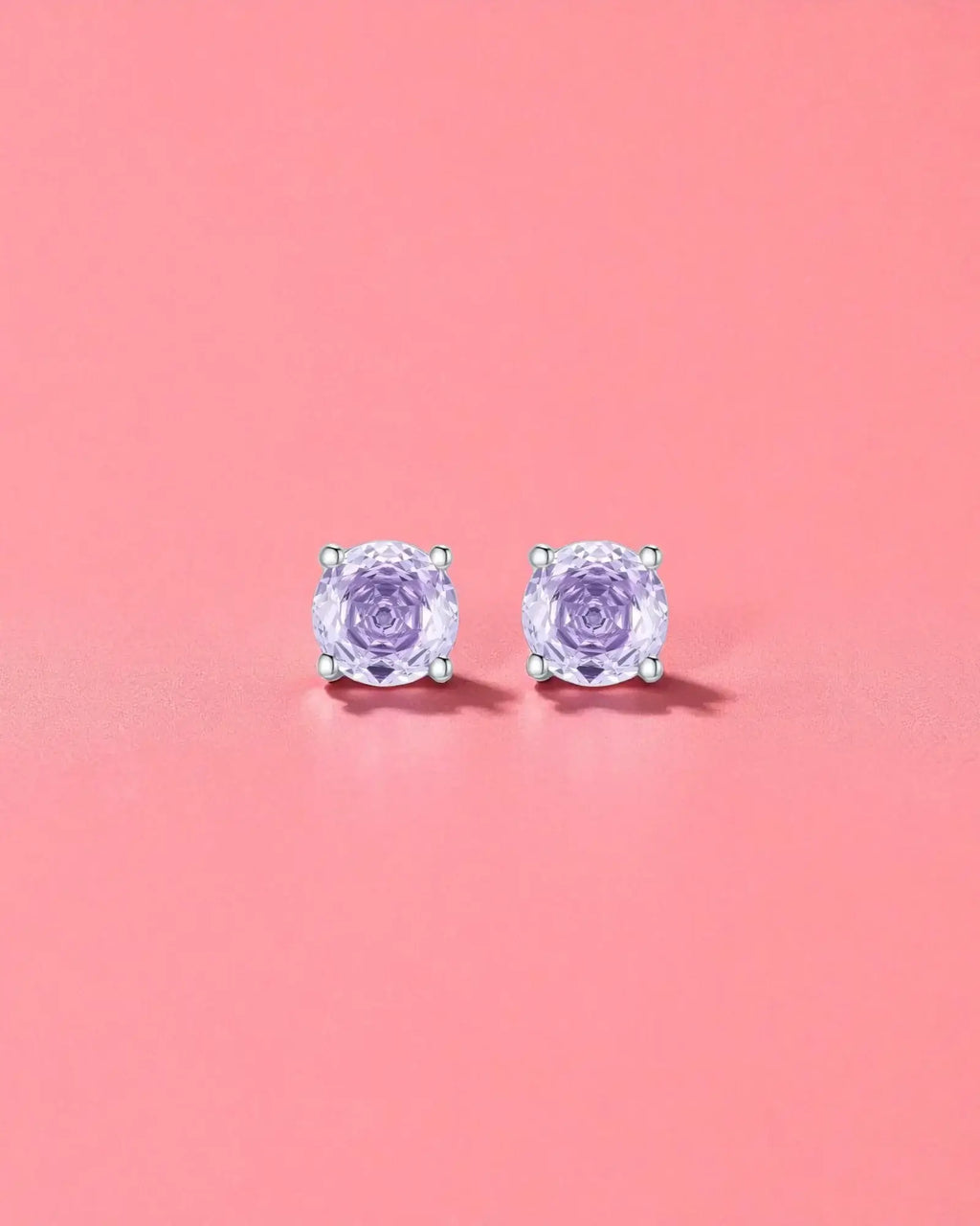 Octagonal Rose Cut Lavender Zircon Stud in Silver displayed on pink background