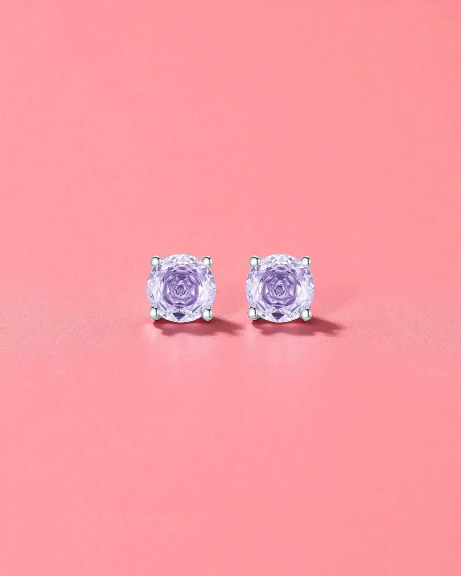 Octagonal Rose Cut Lavender Zircon Stud in Silver displayed on pink background